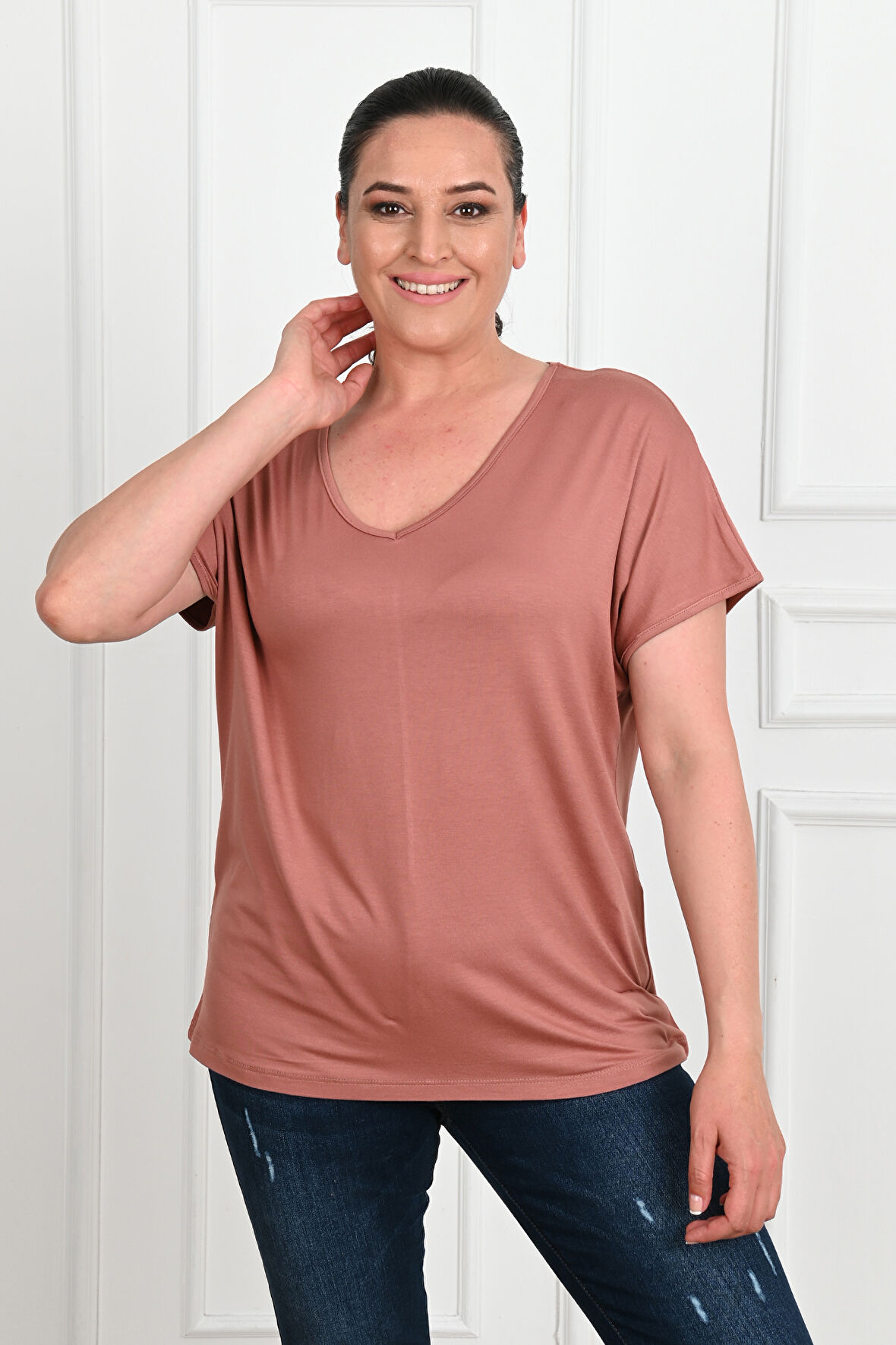 Kadın V Yaka Büyük Beden T-shirt 1486-23