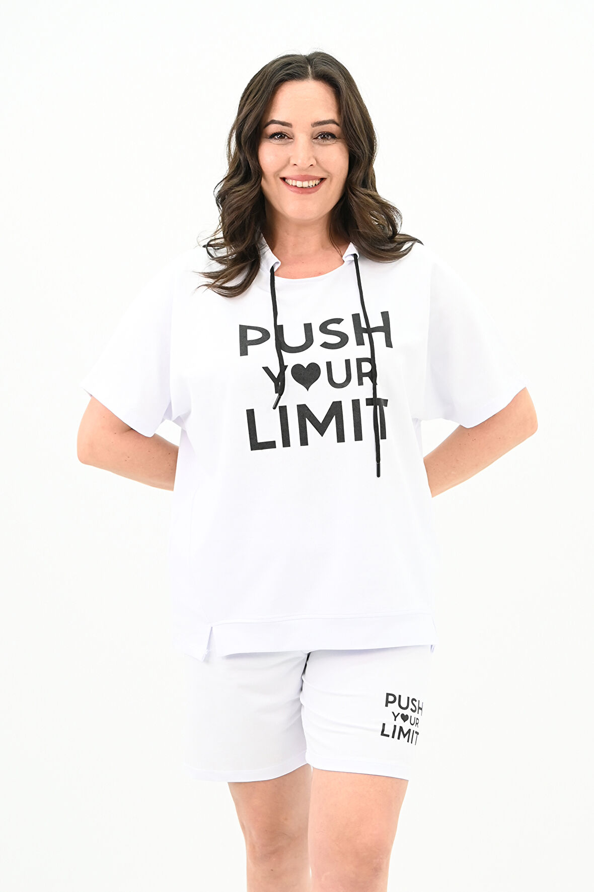 Kadın Yüksek Bel Yazı Baskılı Büyük Beden Şortlu Takım 8006-23