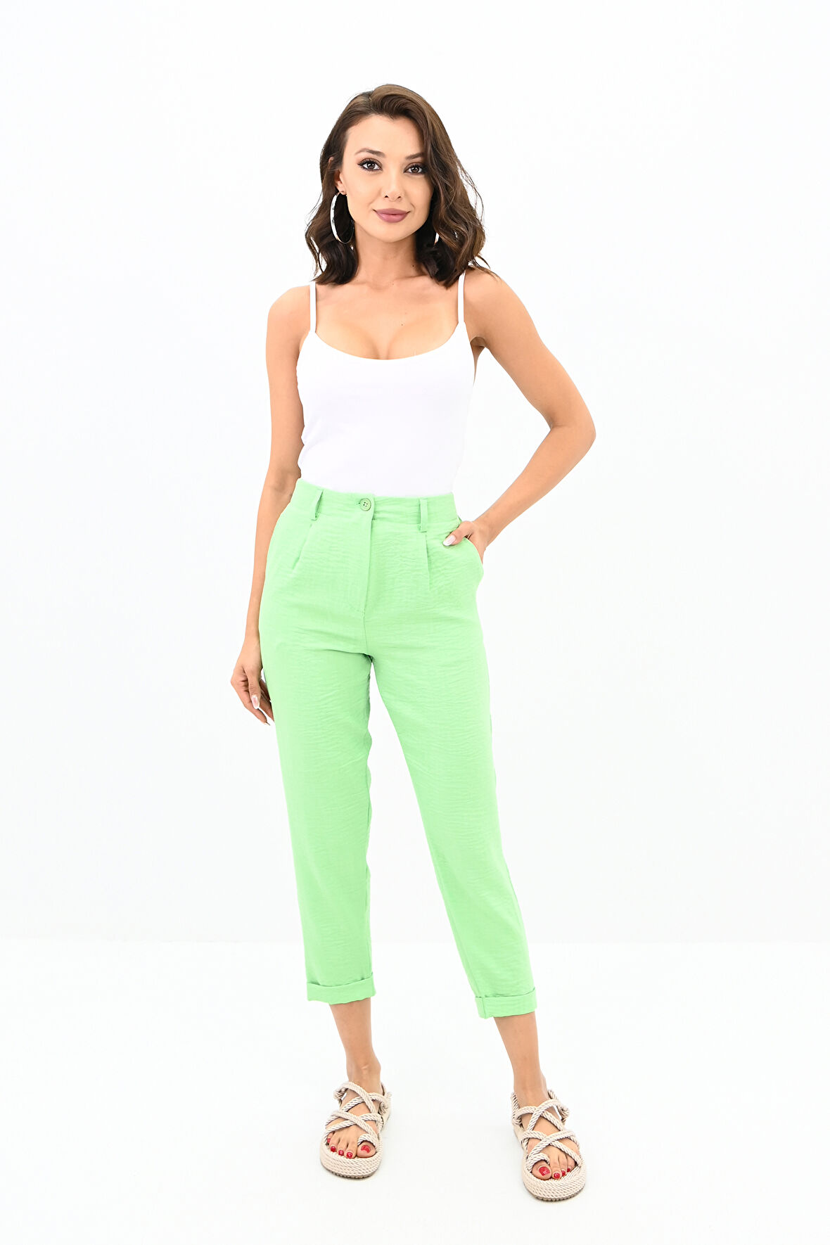 Kadın Yüksek Bel Cep Detaylı Keten Pantolon 6200-23