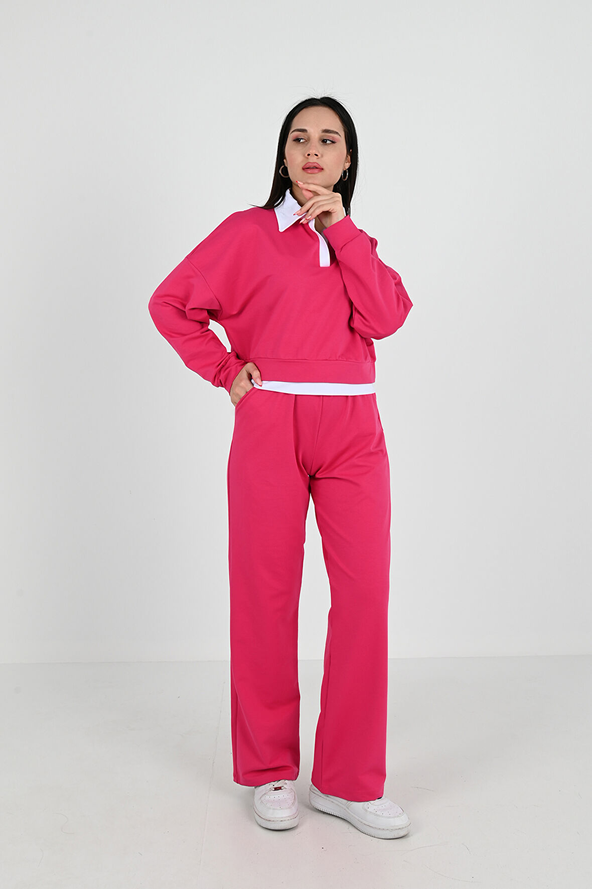 Kadın Polo Yaka Bol Paça Eşofman Takımı 3986-24