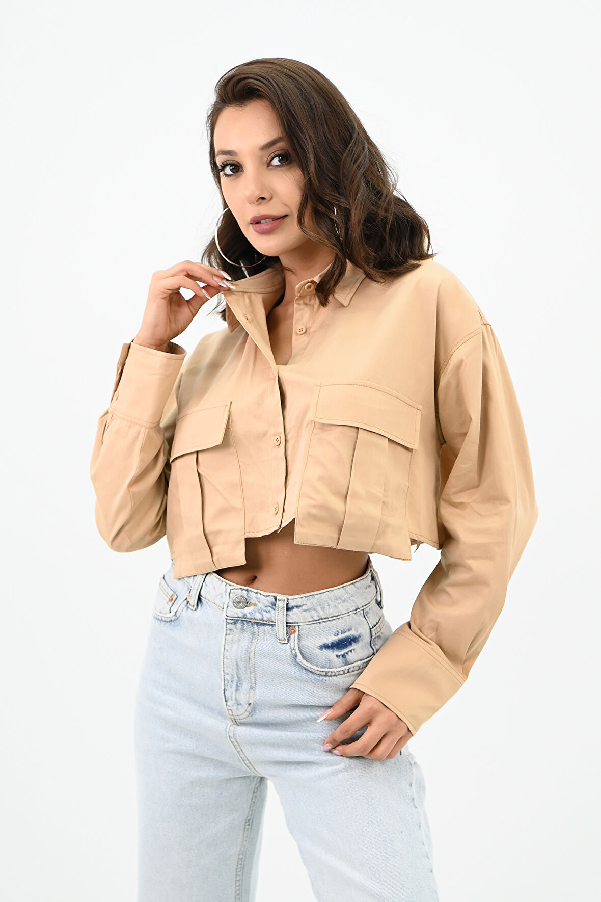 Kadın Crop Cep Detaylı Gömlek 1672-24