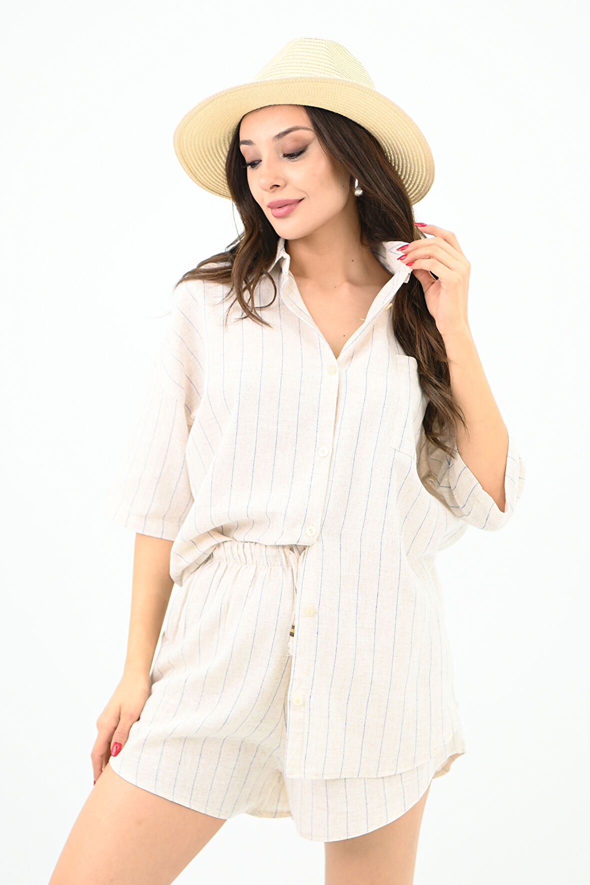 Kadın Keten Çizgili Şortlu Takım 0014 23132