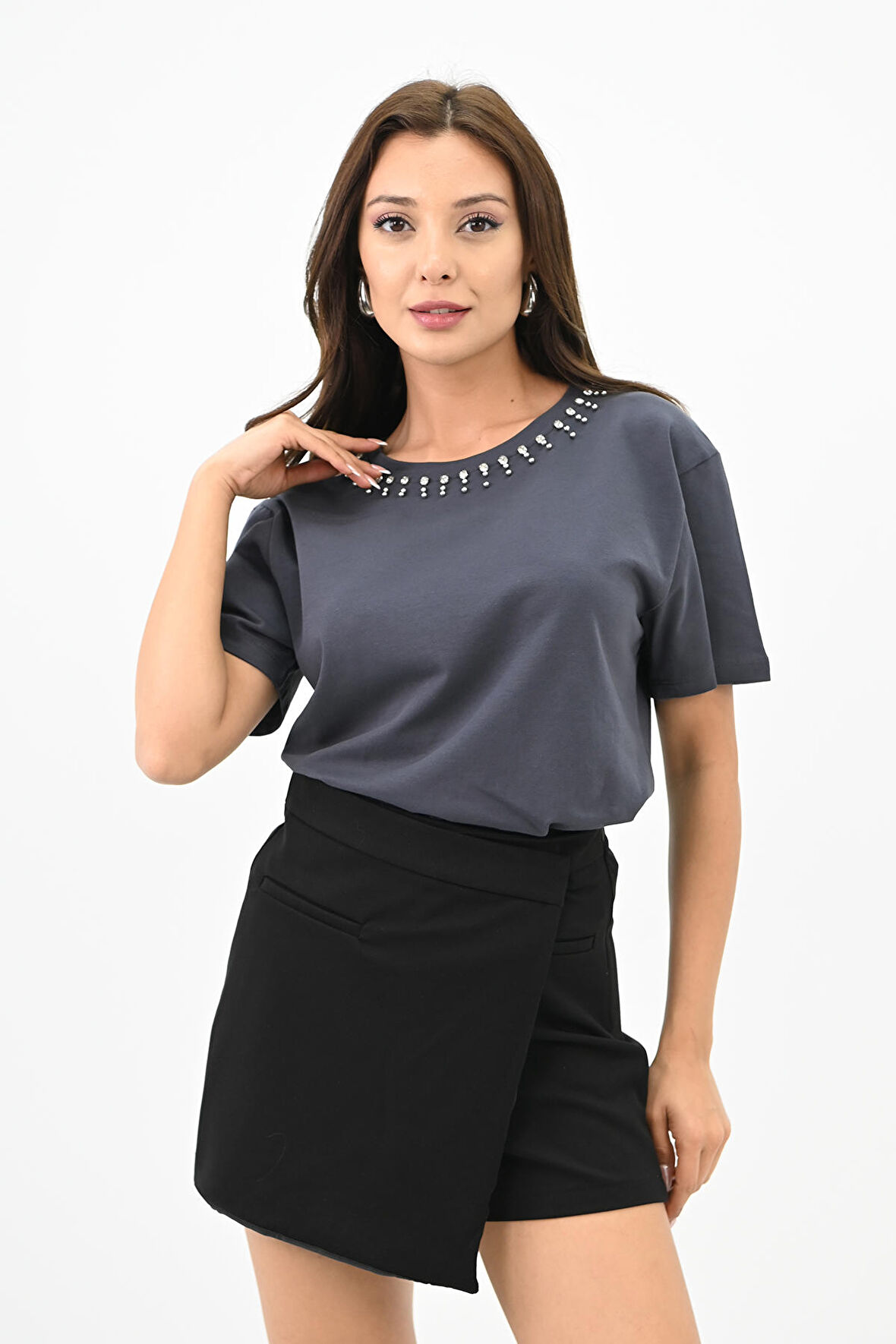 Kadın Bisiklet Yaka Taş Detaylı T-shirt 1749-4-24