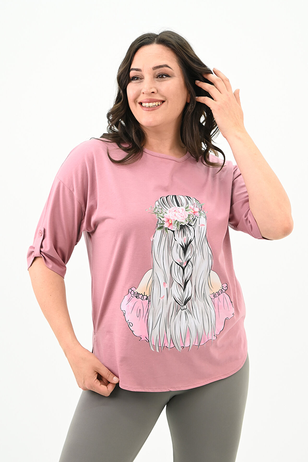 Kadın Büyük Beden Düşük Omuz Oversize T-shirt 1773-1-24