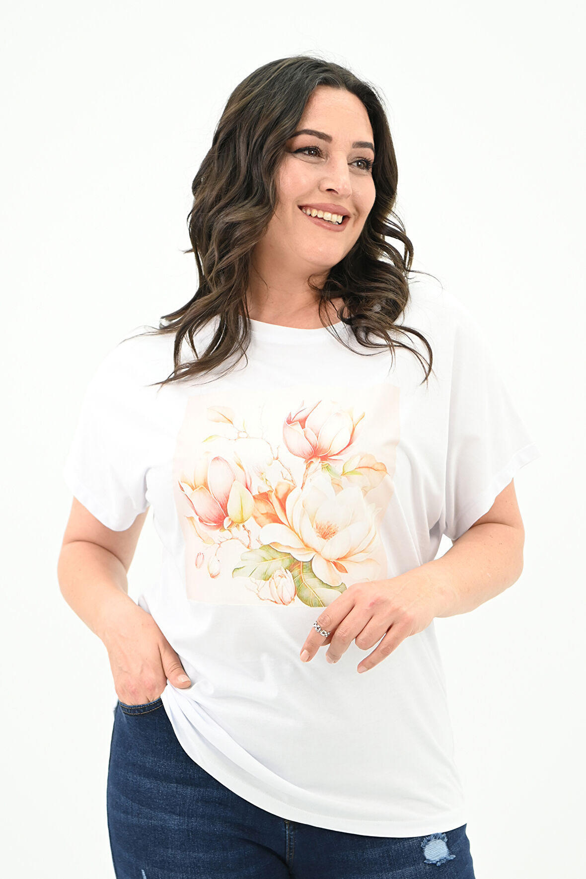 Kadın Büyük Beden Çiçek Baskı Detaylı T-shirt 1780-25