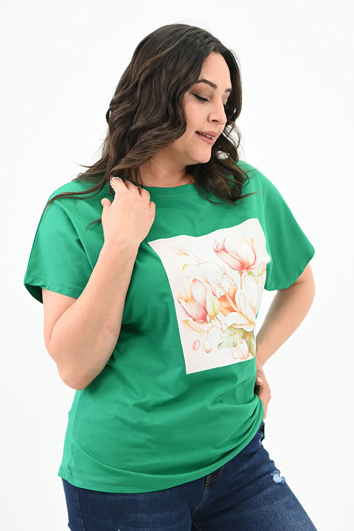 Kadın Büyük Beden Çiçek Baskı Detaylı T-shirt 1780-25