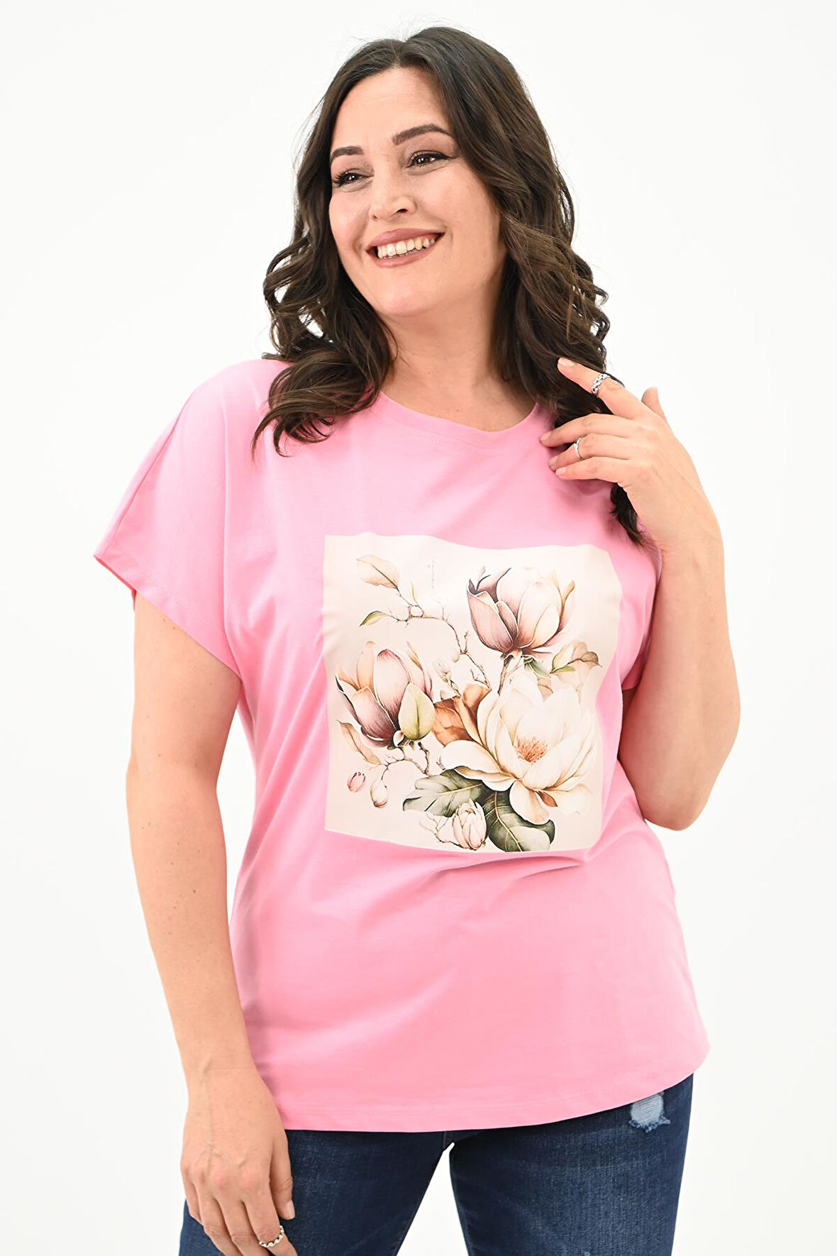 Kadın Büyük Beden Çiçek Baskı Detaylı T-shirt 1780-25