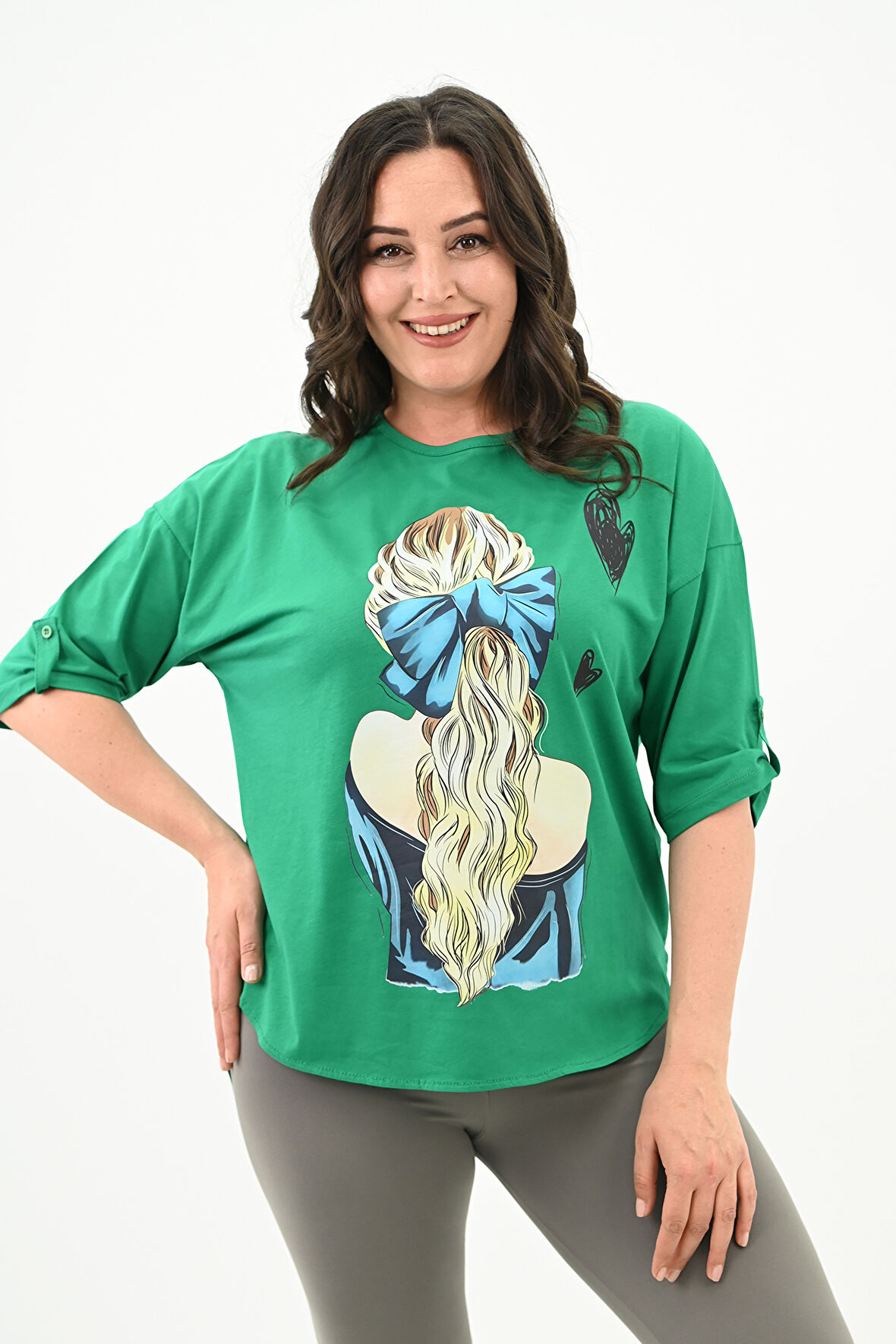 Kadın Büyük Beden Kalp Baskılı Oversize T-shirt 1773-3-24