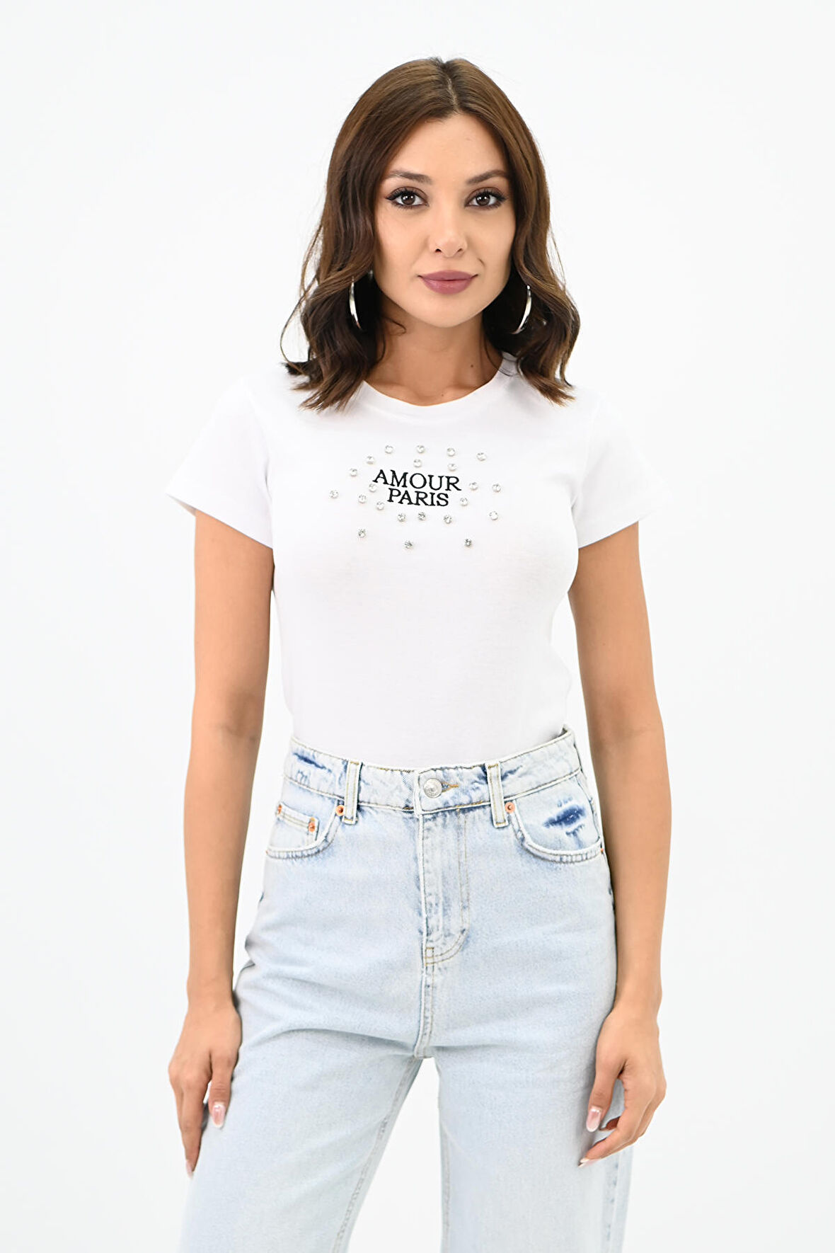 Kadın Taş İşlemeli Nakış Detaylı T-shirt 1774-25