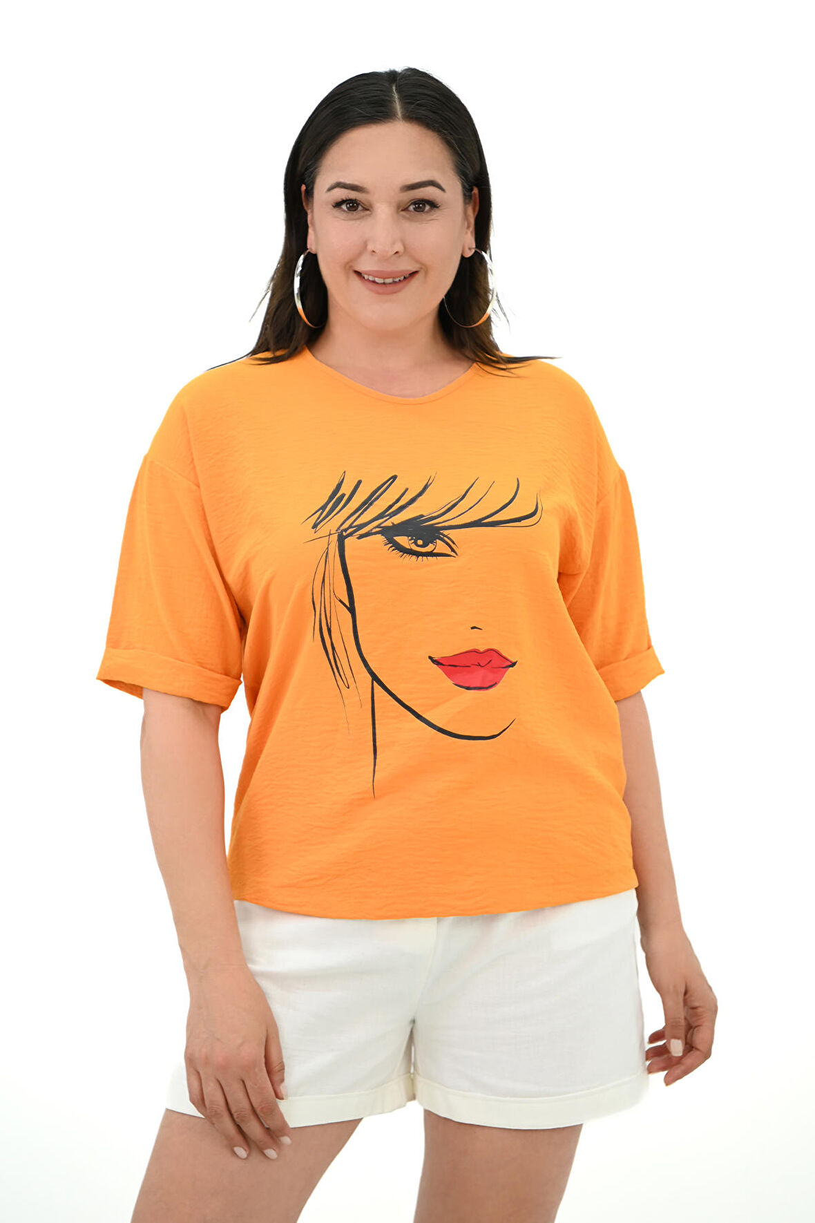 Kadın Büyük Beden Yüz Baskılı T-shirt 1788-25