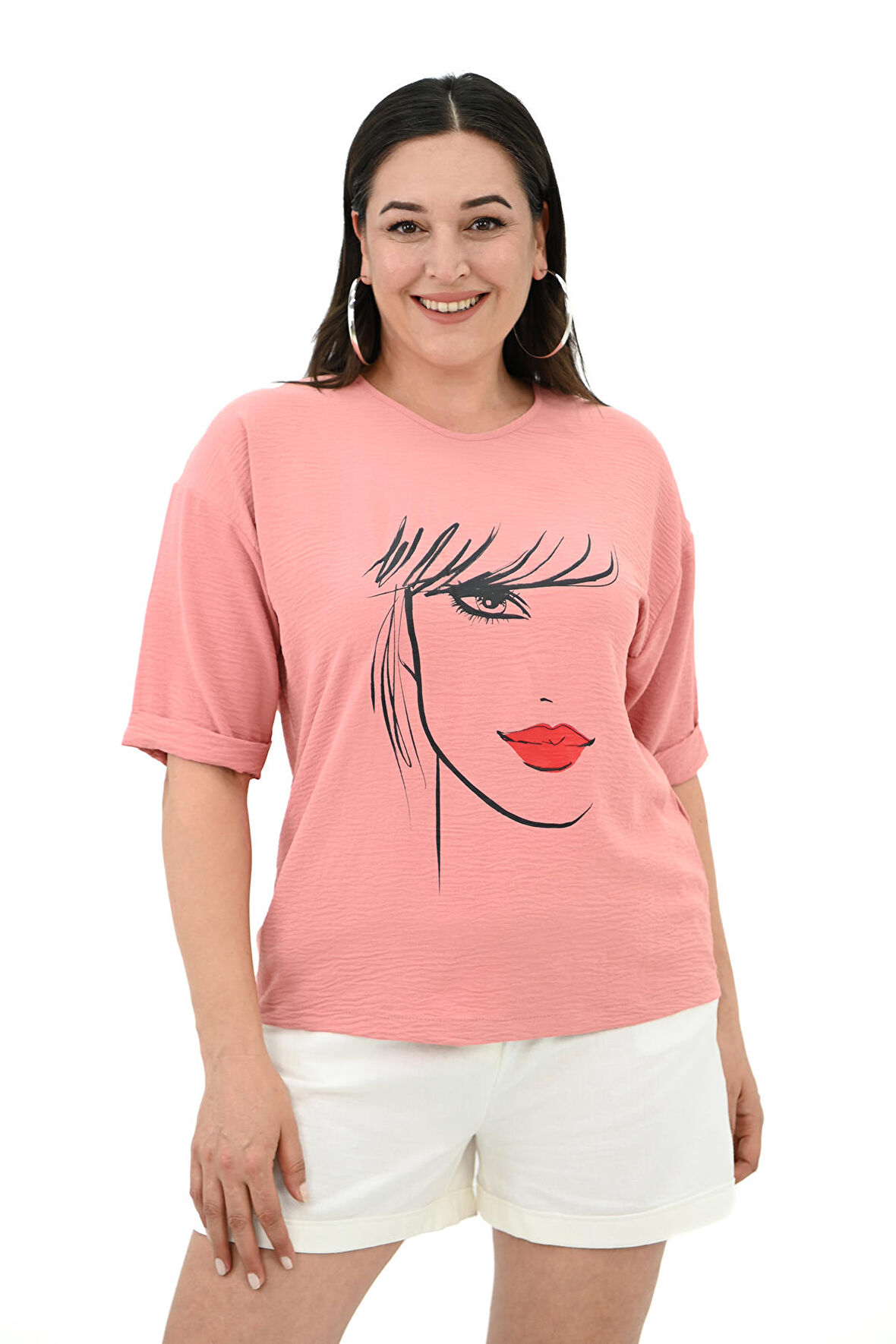 Kadın Büyük Beden Yüz Baskılı T-shirt 1788-25