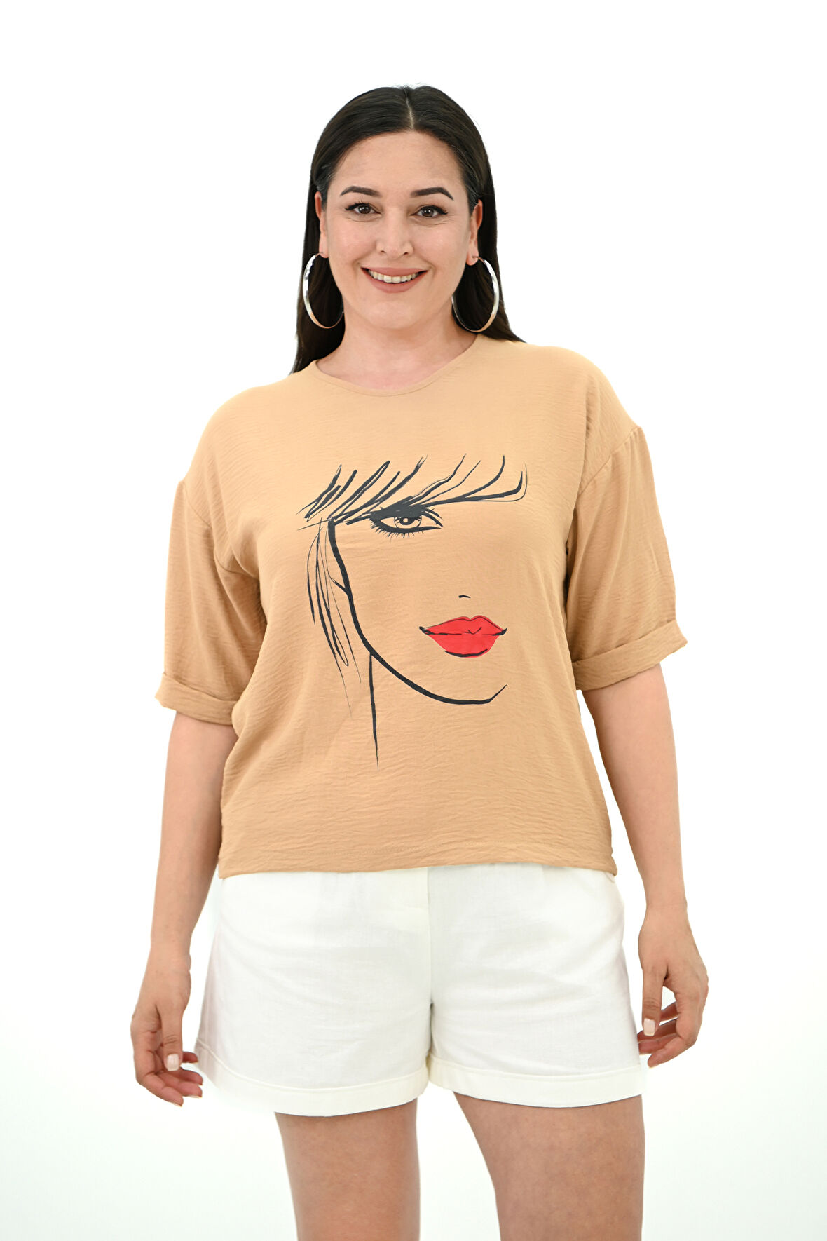 Kadın Büyük Beden Yüz Baskılı T-shirt 1788-25