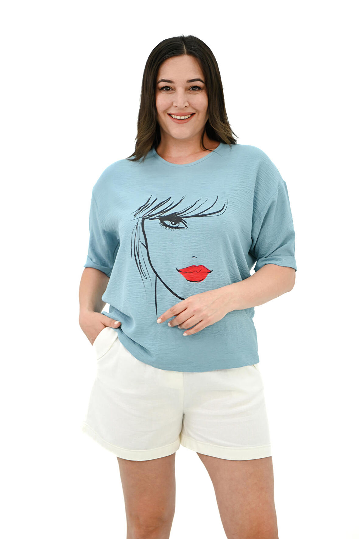 Kadın Büyük Beden Yüz Baskılı T-shirt 1788-25