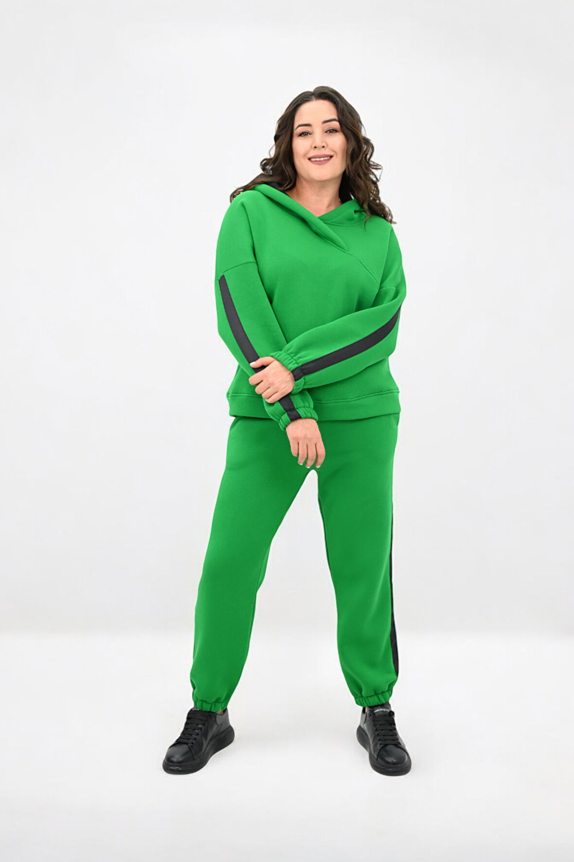 Kadın Büyük Beden Yan Şerit Detaylı Kapüşonlu Eşofman Takımı 8151-25