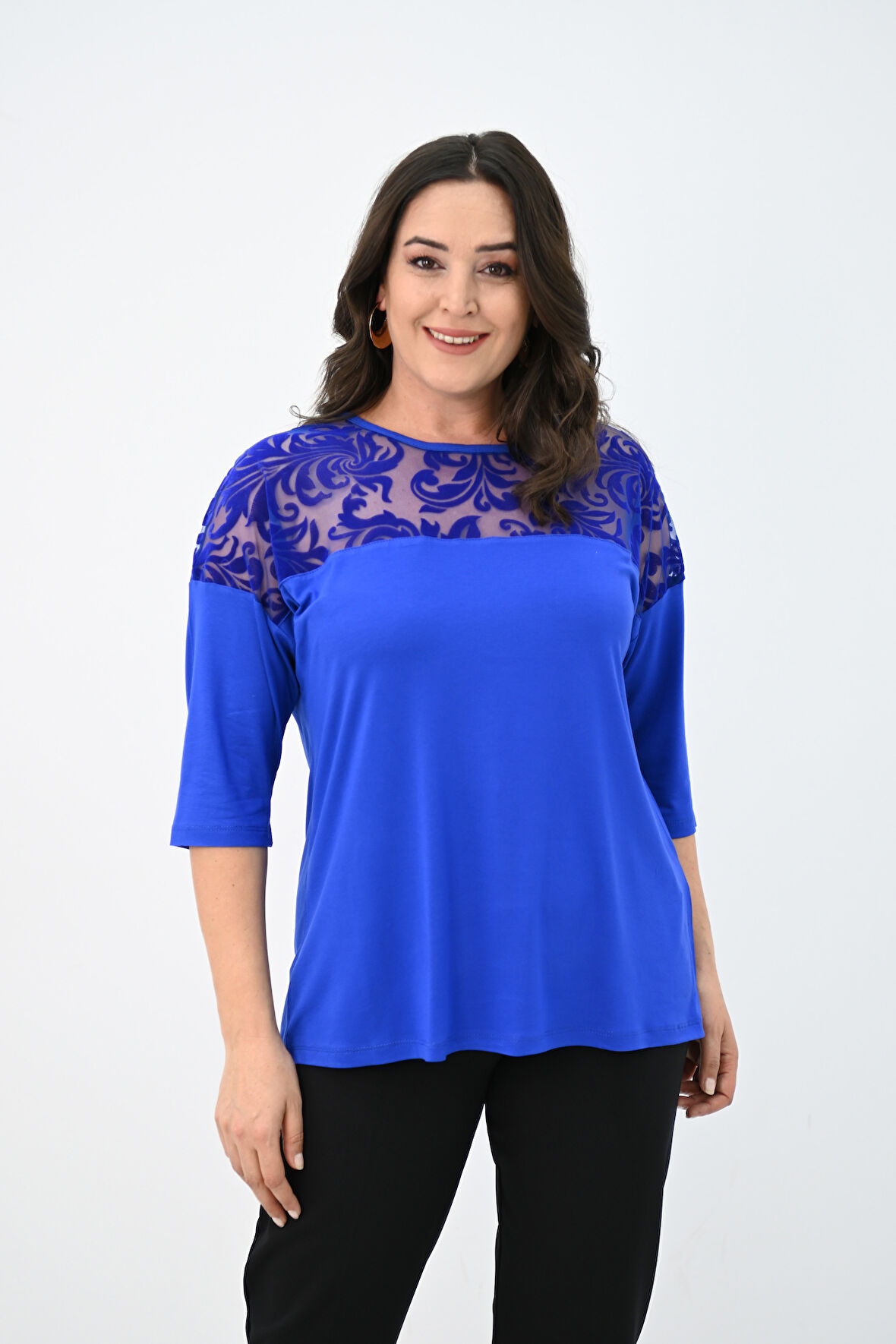 Kadın Büyük Beden Kadife Tül Detaylı Bluz 1856-2