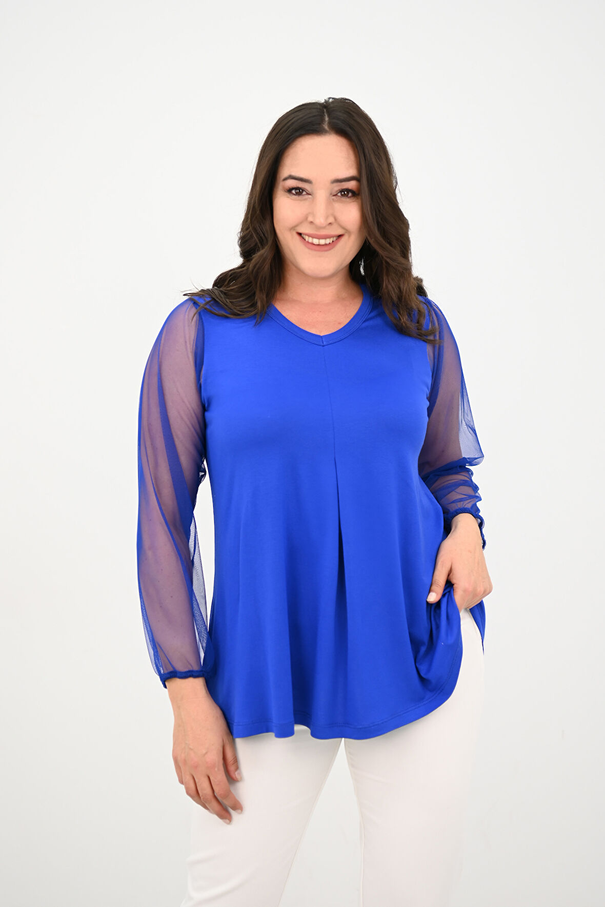 Kadın Büyük Beden Pileli V Yaka Tül Detaylı Bluz 1857-25