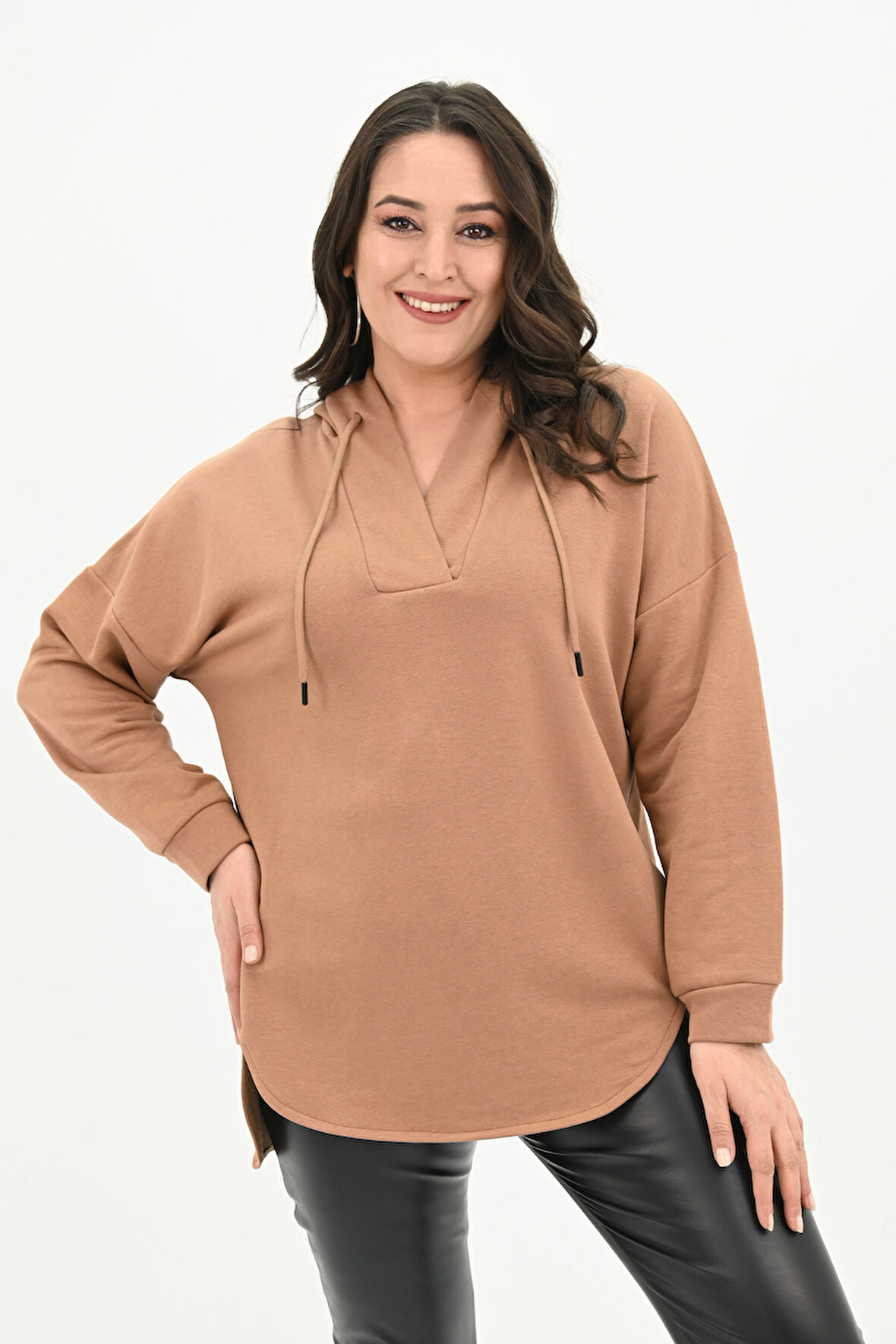 Kadın Büyük Beden Kapüşonlu Oversize Sweatshirt 1895-25