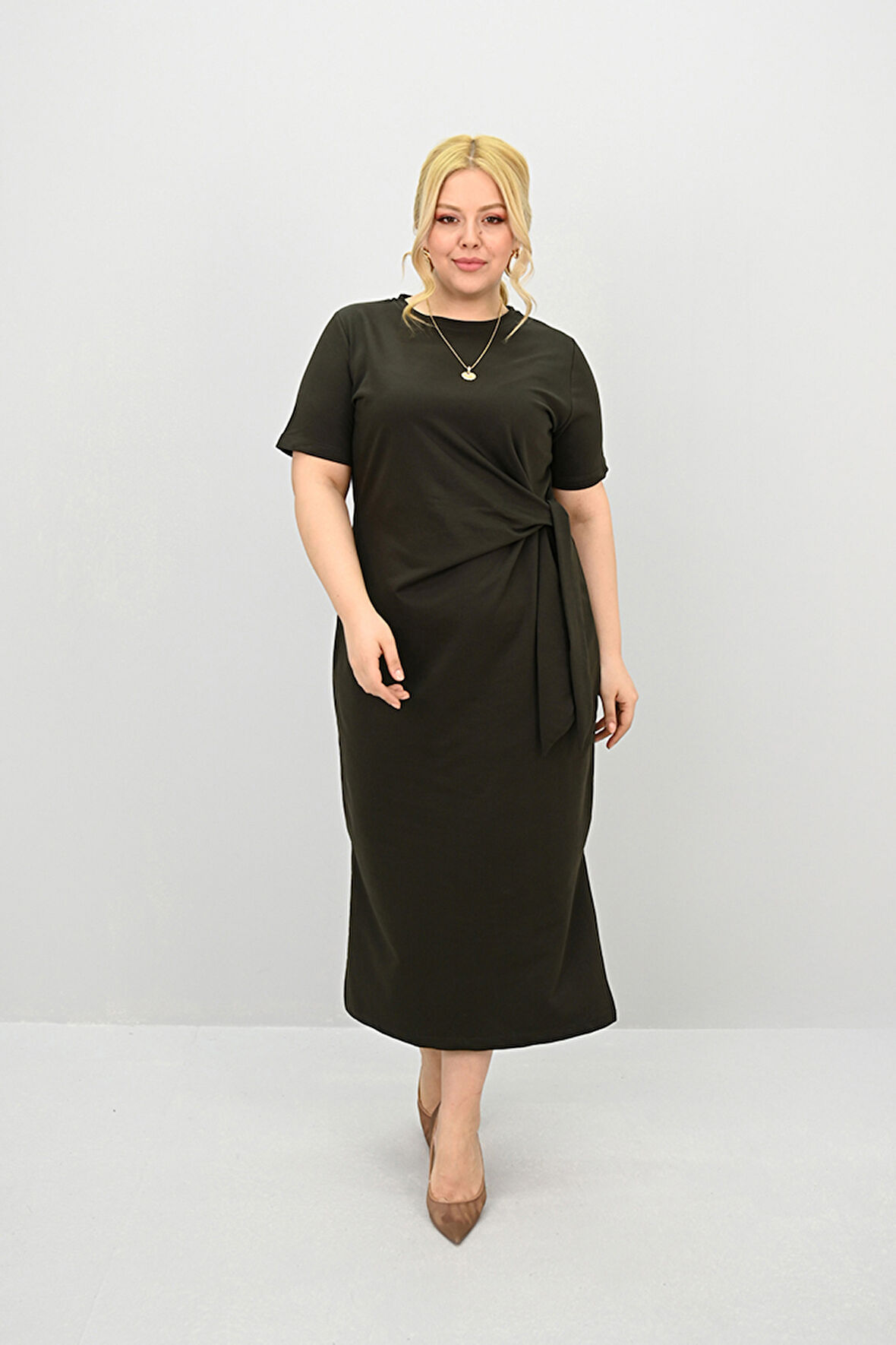 Kadın Büyük Beden Kısa Kollu Bel Bağlama Detaylı Elbise 5303-25