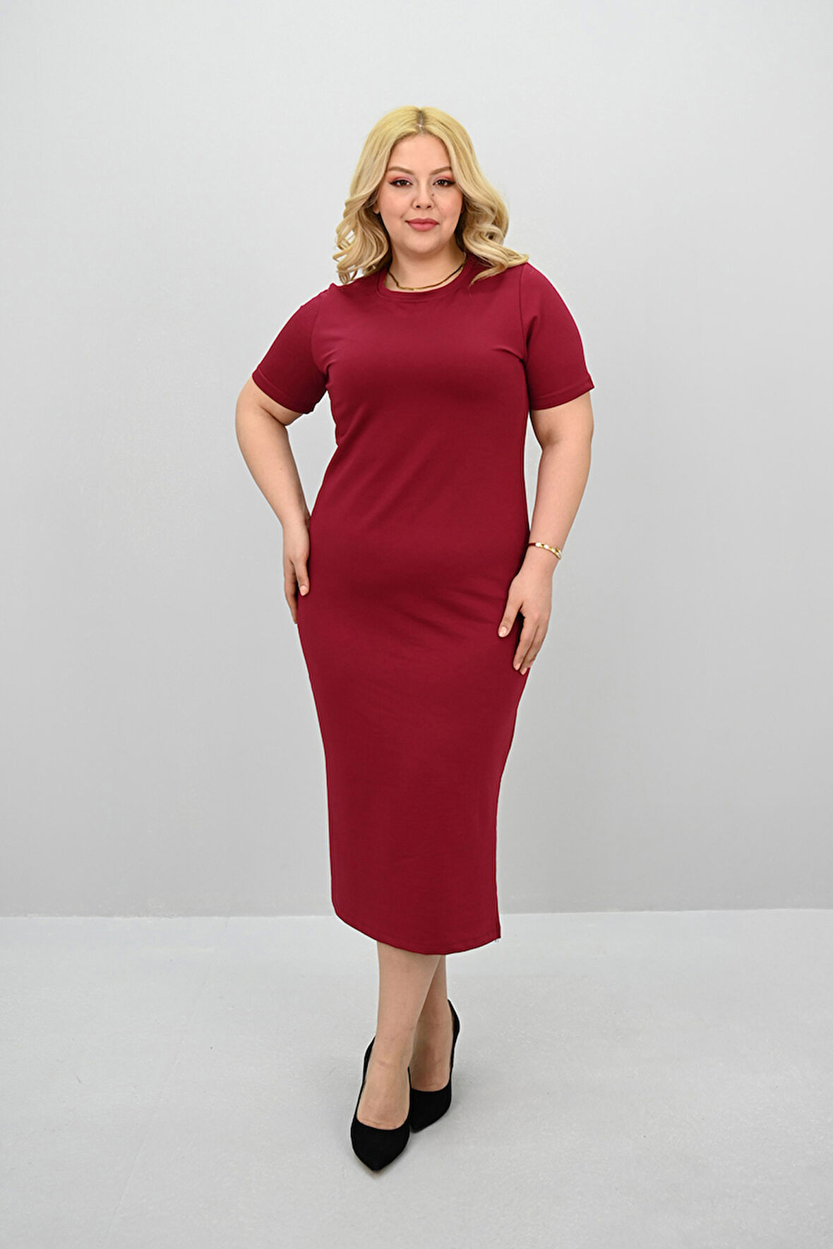 Kadın Büyük Beden Kısa Kollu Yırtmaç Detaylı Basic Elbise 5309-25