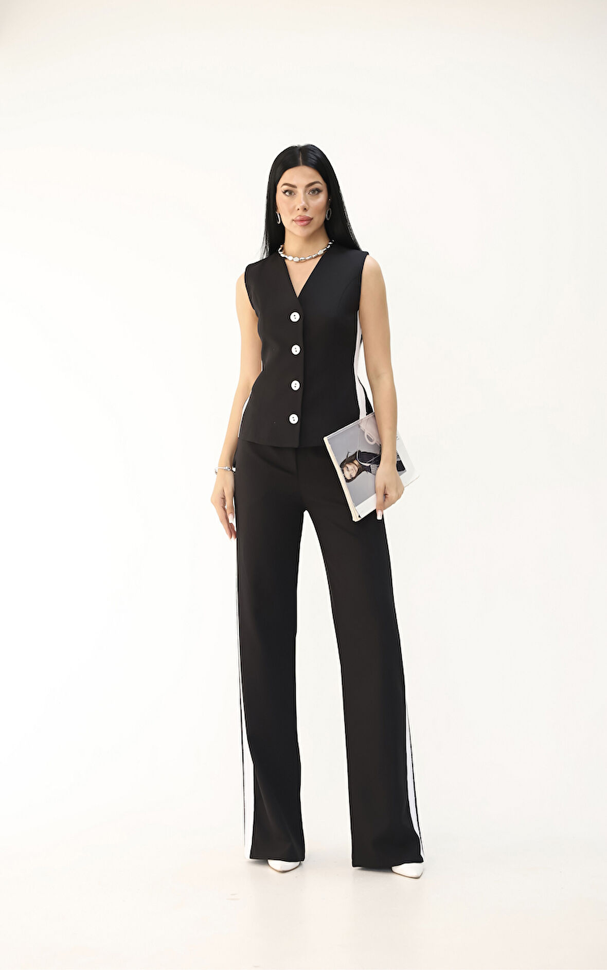 Kadın Kolsuz Yanları Şeritli Bol Paça Yelek Takım 0126-25