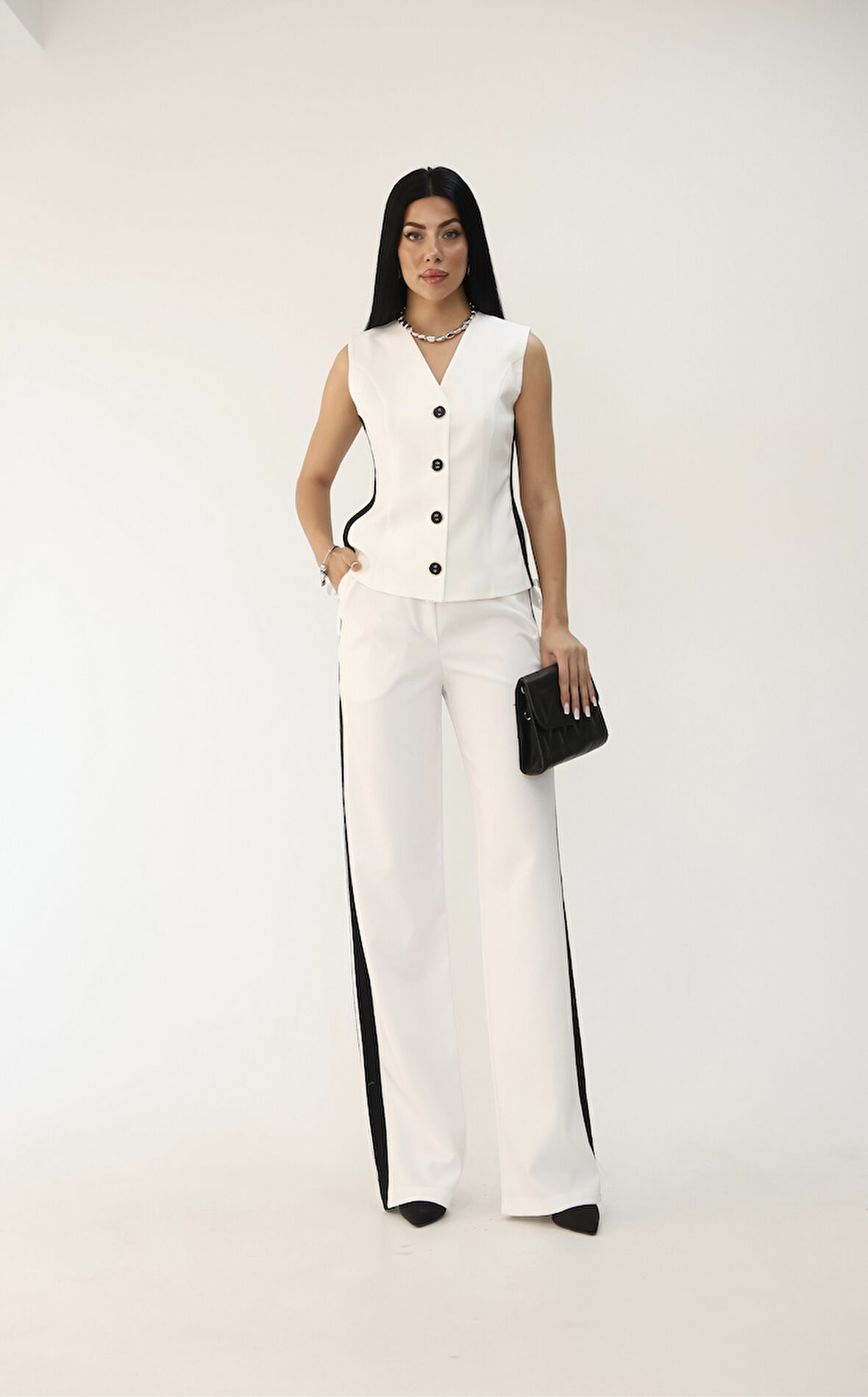 Kadın Kolsuz Yanları Şeritli Bol Paça Yelek Takım 0126-25