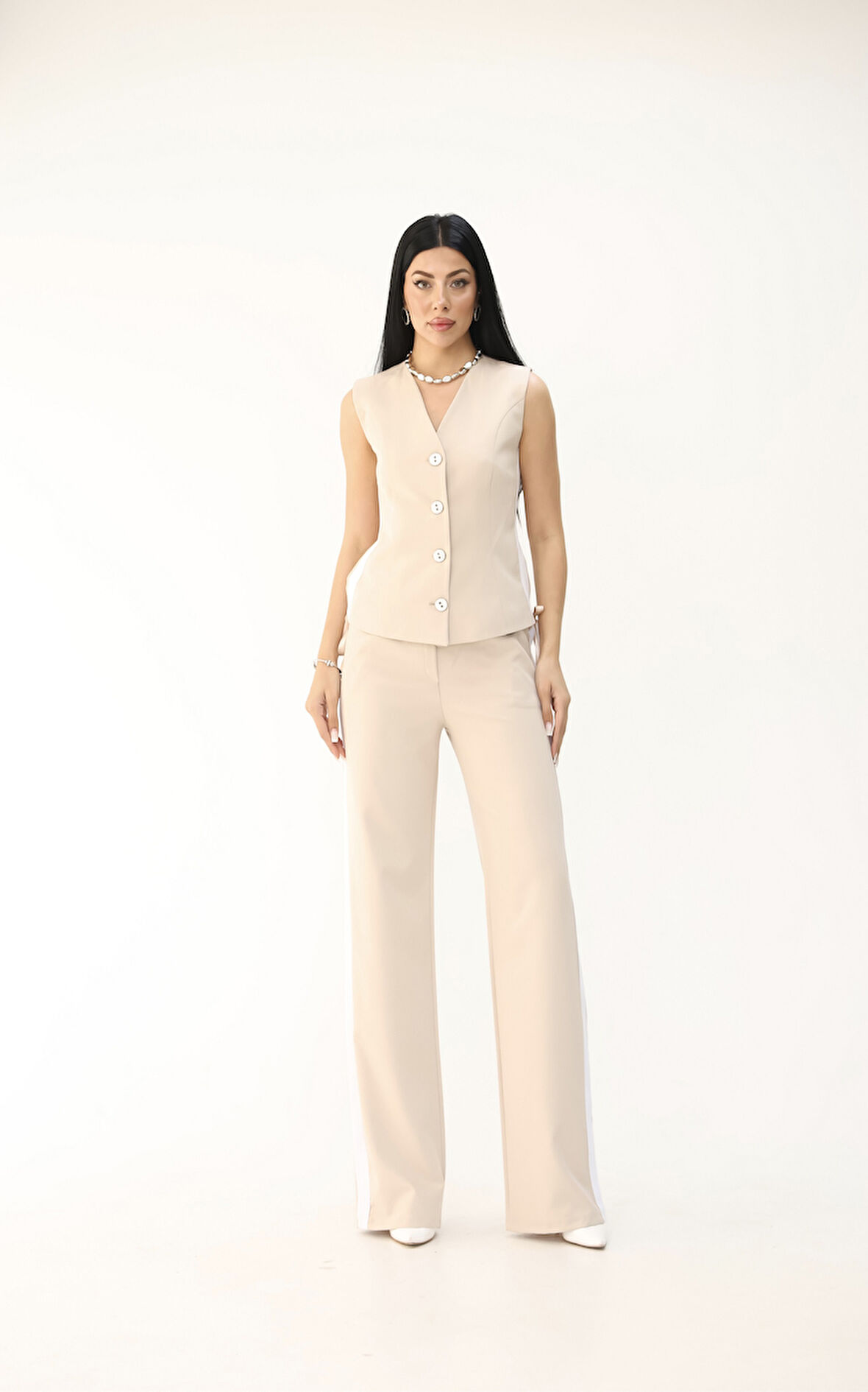 Kadın Kolsuz Yanları Şeritli Bol Paça Yelek Takım 0126-25