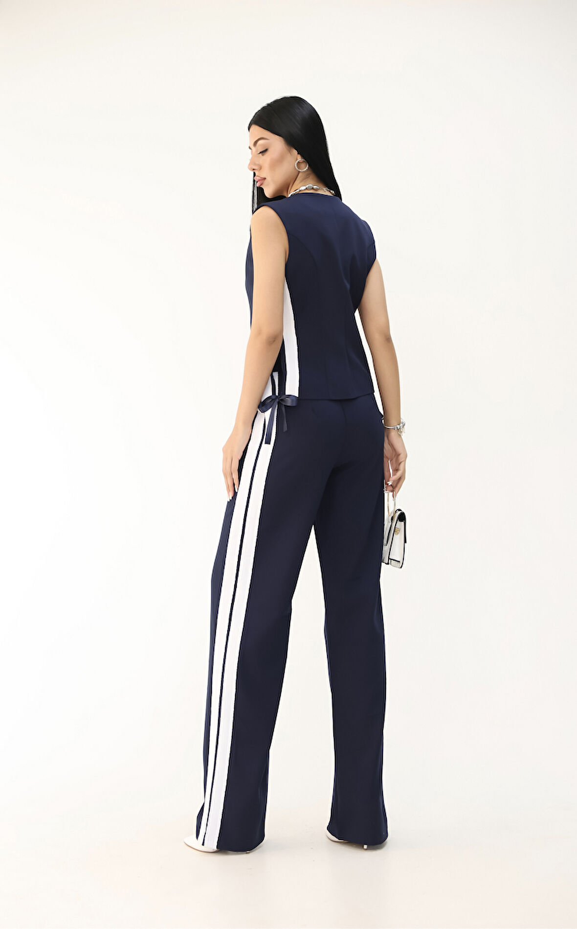 Kadın Kolsuz Yanları Şeritli Bol Paça Yelek Takım 0126-25