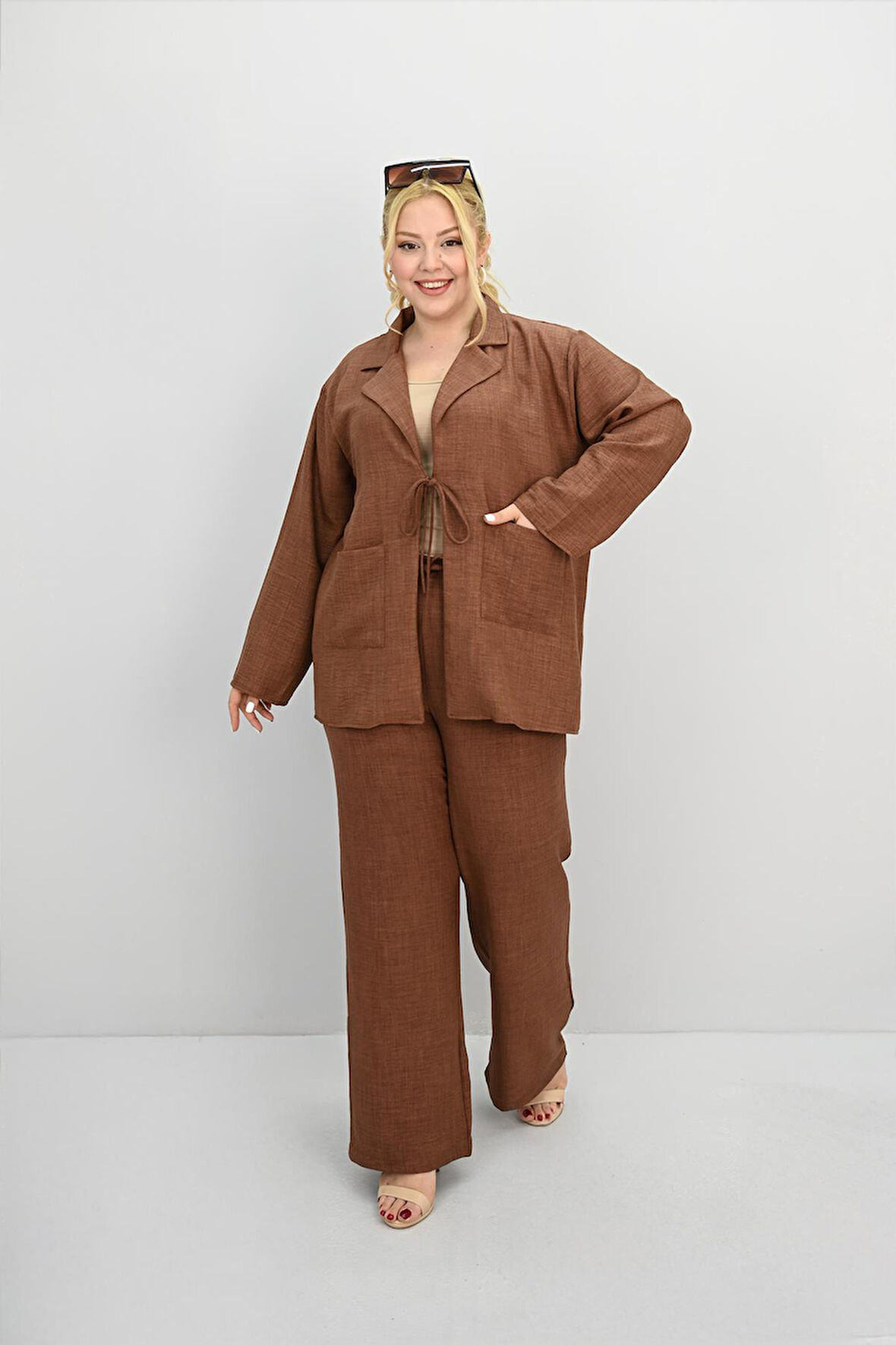 Kadın Büyük Beden Bağlamalı Bol Paça Alt-Üst Takım 8195-25