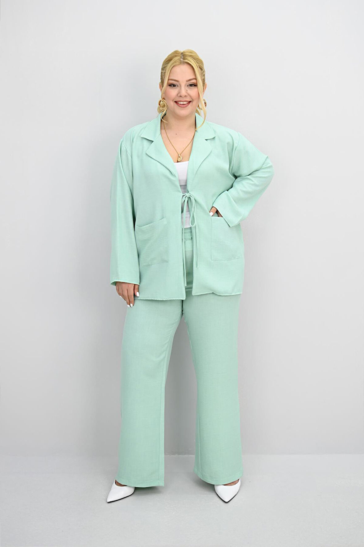 Kadın Büyük Beden Bağlamalı Bol Paça Alt-Üst Takım 8195-25