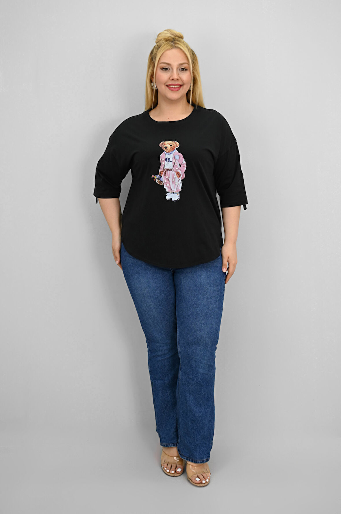 Kadın Büyük Beden Kısa Kollu Taş Detaylı Ayı Baskılı Oversize T-shirt 1926-25