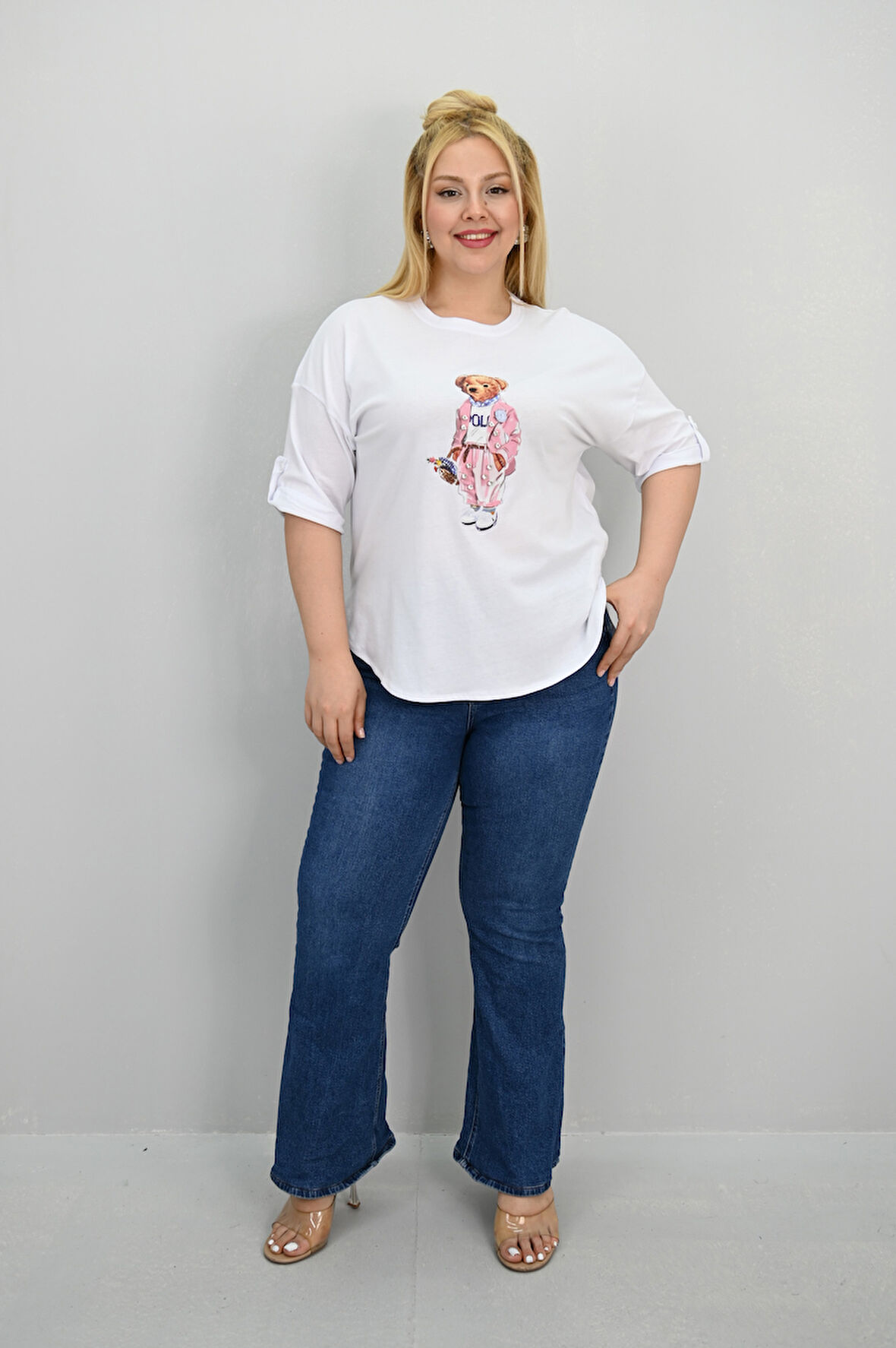 Kadın Büyük Beden Kısa Kollu Taş Detaylı Ayı Baskılı Oversize T-shirt 1926-25