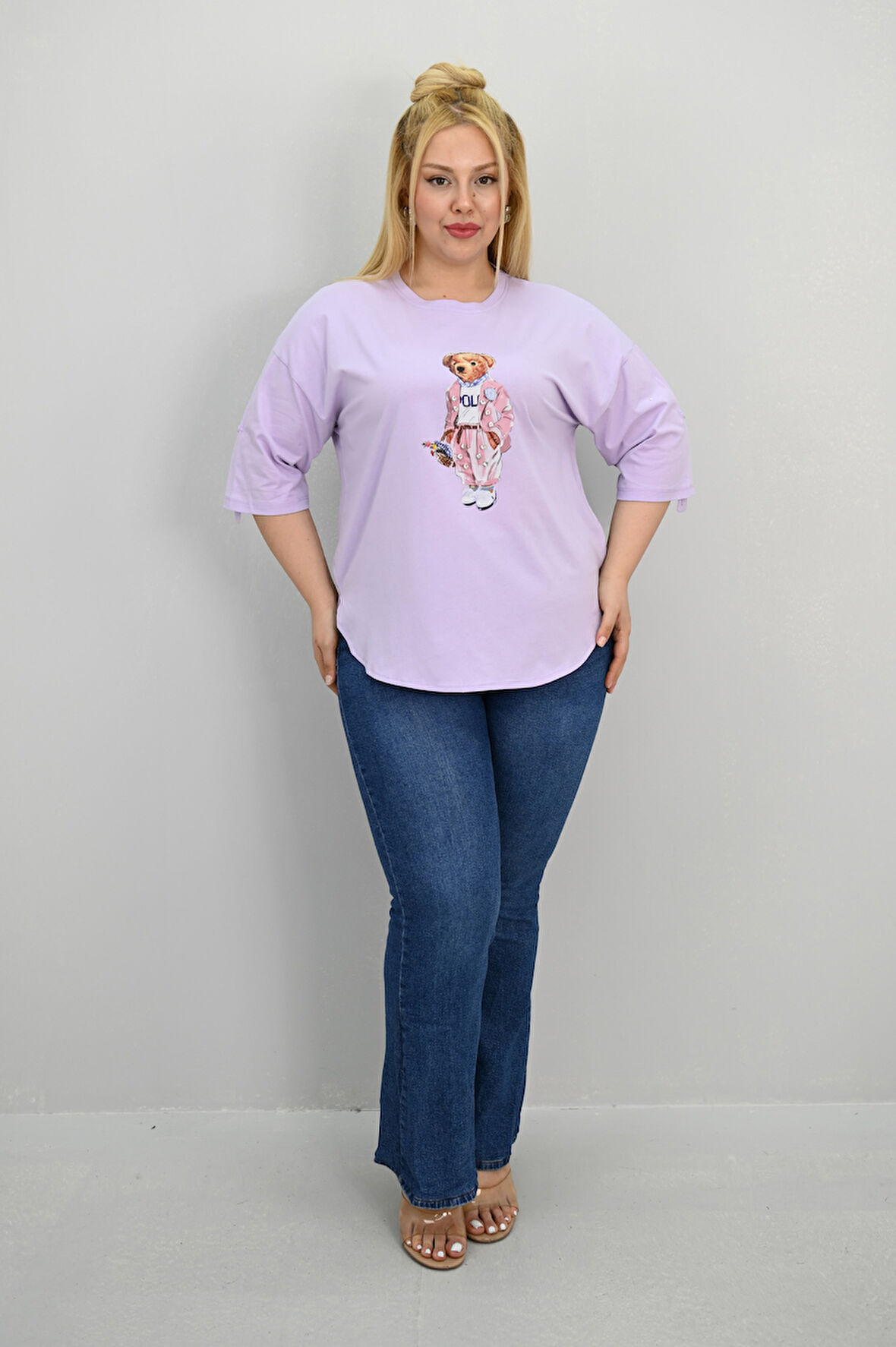 Kadın Büyük Beden Kısa Kollu Taş Detaylı Ayı Baskılı Oversize T-shirt 1926-25