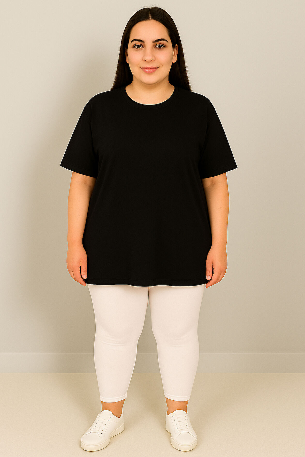Kadın Büyük Beden Kısa Kollu Bisiklet Yaka Basic Oversize T-shirt 1977-25