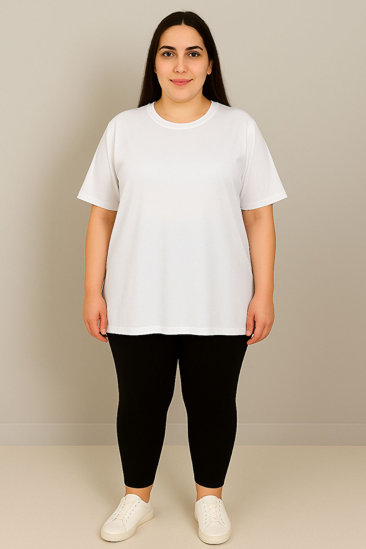 Kadın Büyük Beden Kısa Kollu Bisiklet Yaka Basic Oversize T-shirt 1977-25