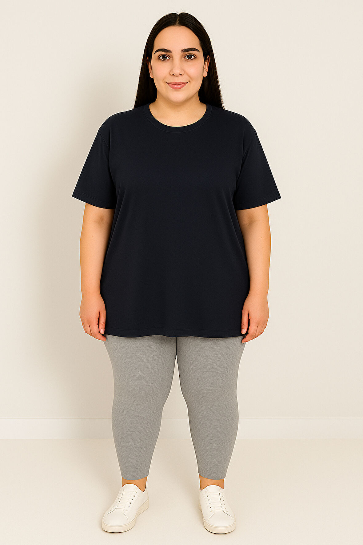 Kadın Büyük Beden Kısa Kollu Bisiklet Yaka Basic Oversize T-shirt 1977-25