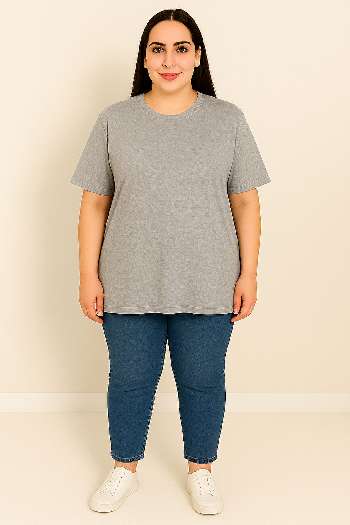 Kadın Büyük Beden Kısa Kollu Basic Oversize T-shirt 1976-25
