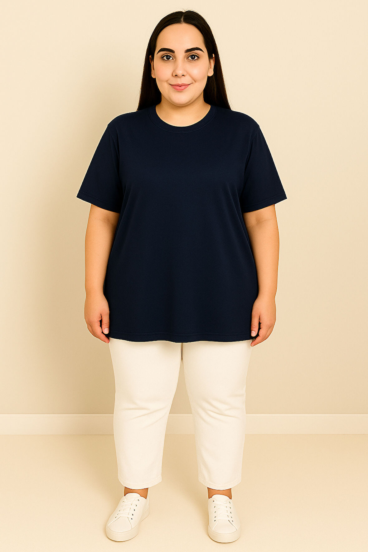 Kadın Büyük Beden Kısa Kollu Basic Oversize T-shirt 1976-25