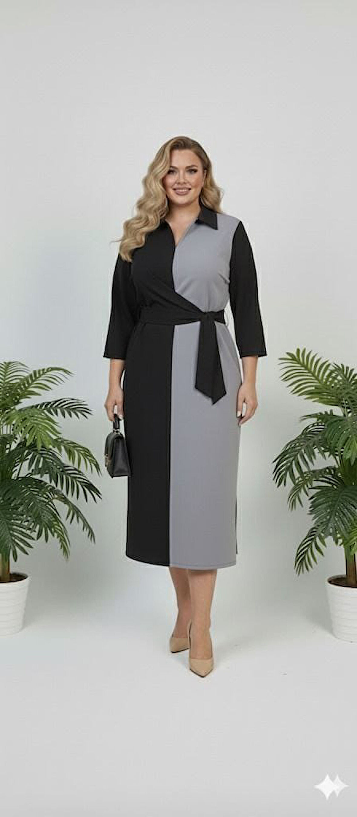 Kadın Büyük Beden Gömlek Yaka Bağlamalı Elbise 5399-26