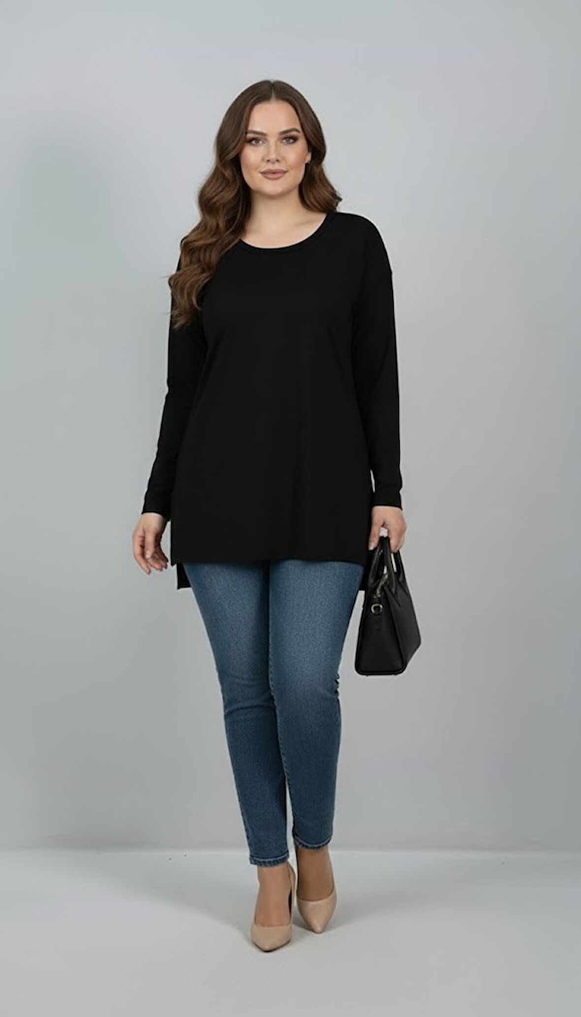 Kadın Büyük Beden Uzun Kollu Yırtmaçlı Basic Bluz 1984