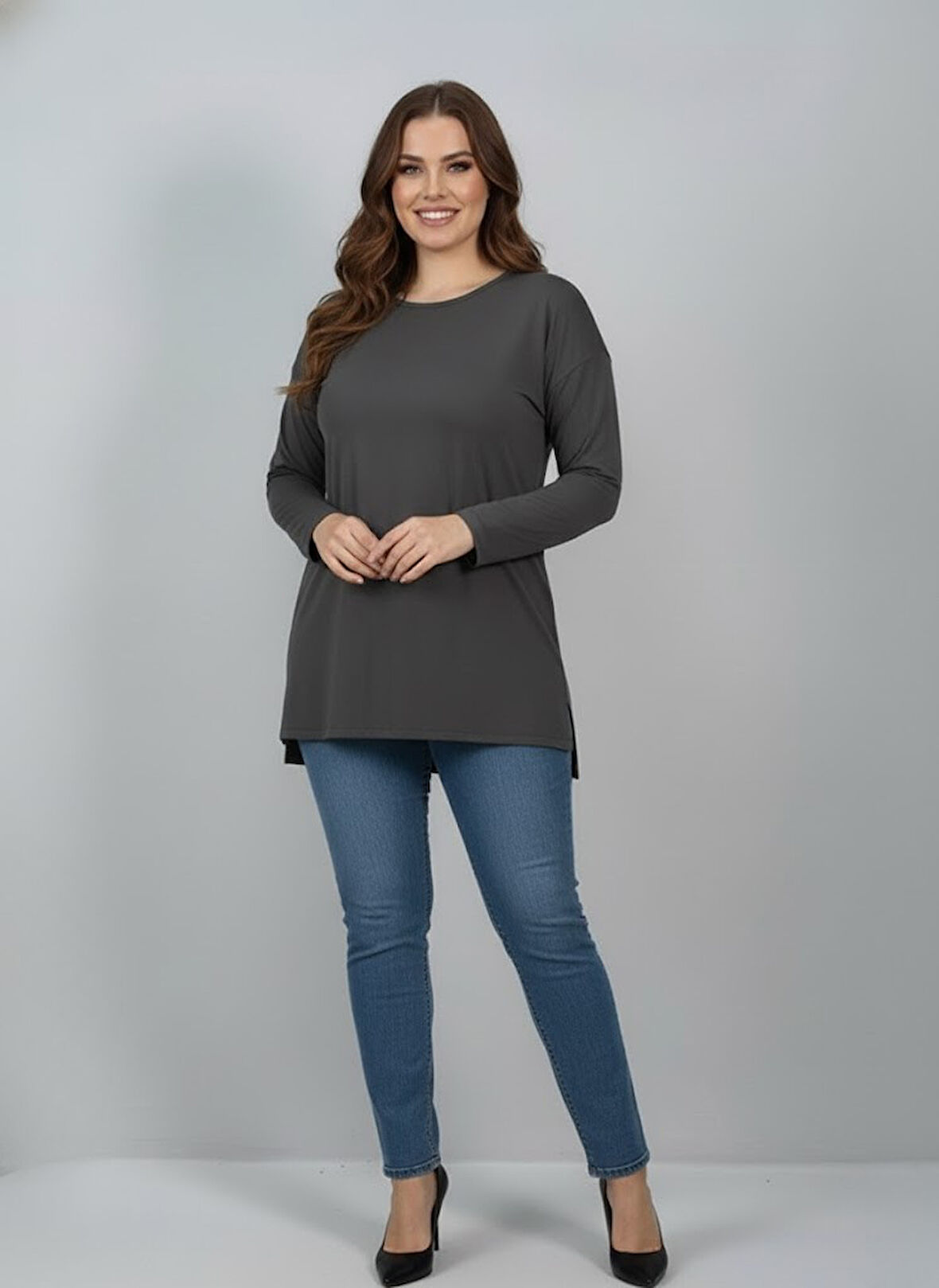 Kadın Büyük Beden Uzun Kollu Yırtmaçlı Basic Bluz 1984