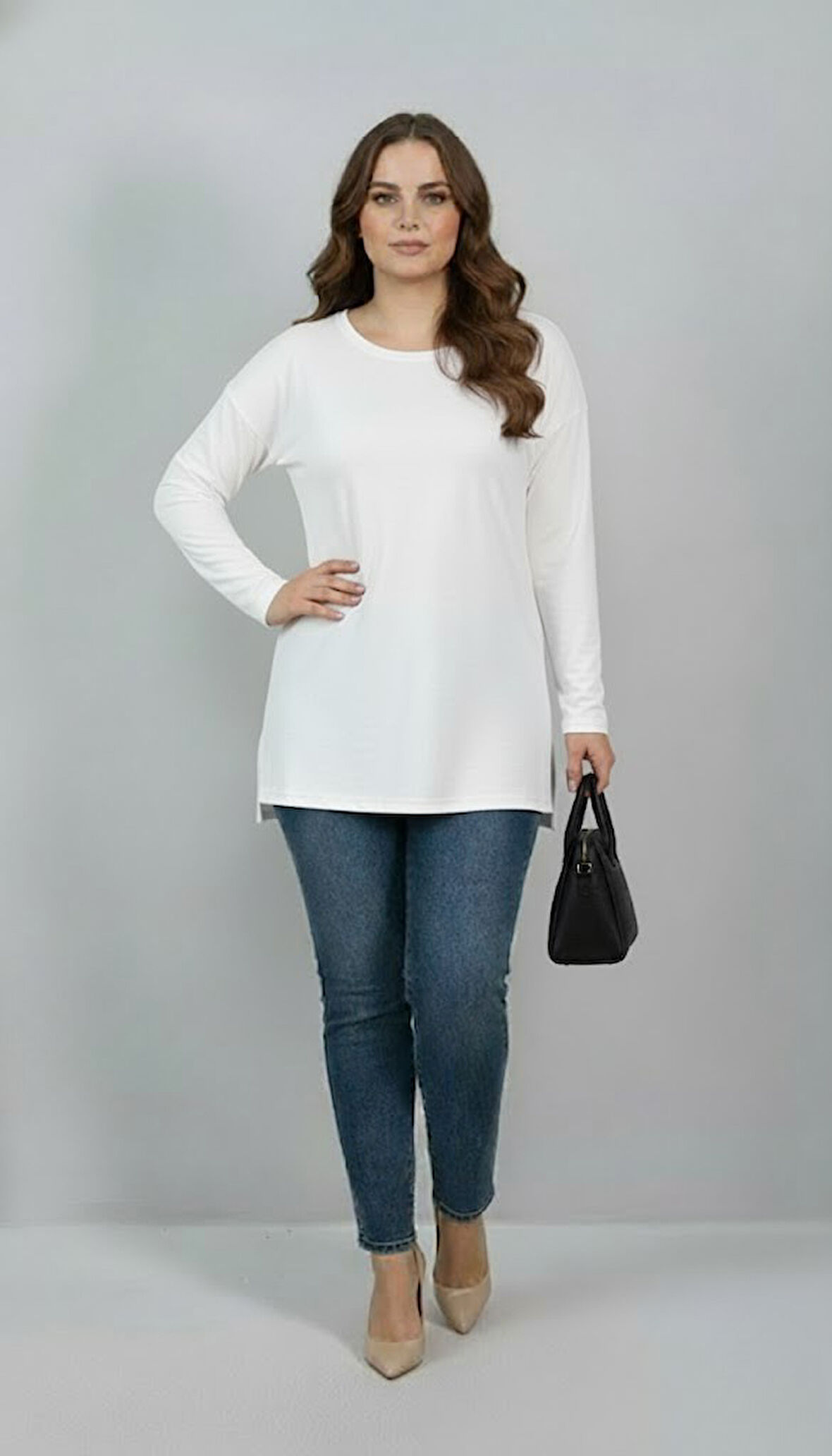 Kadın Büyük Beden Uzun Kollu Yırtmaçlı Basic Bluz 1984