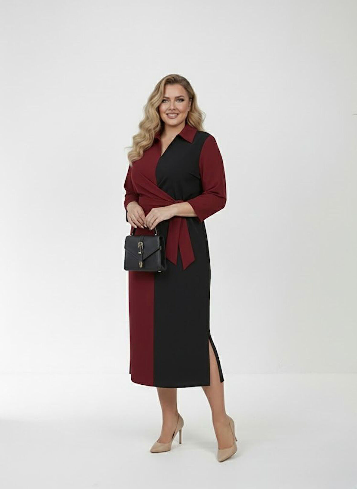 Kadın Büyük Beden Gömlek Yaka Bağlamalı Elbise 5399-26