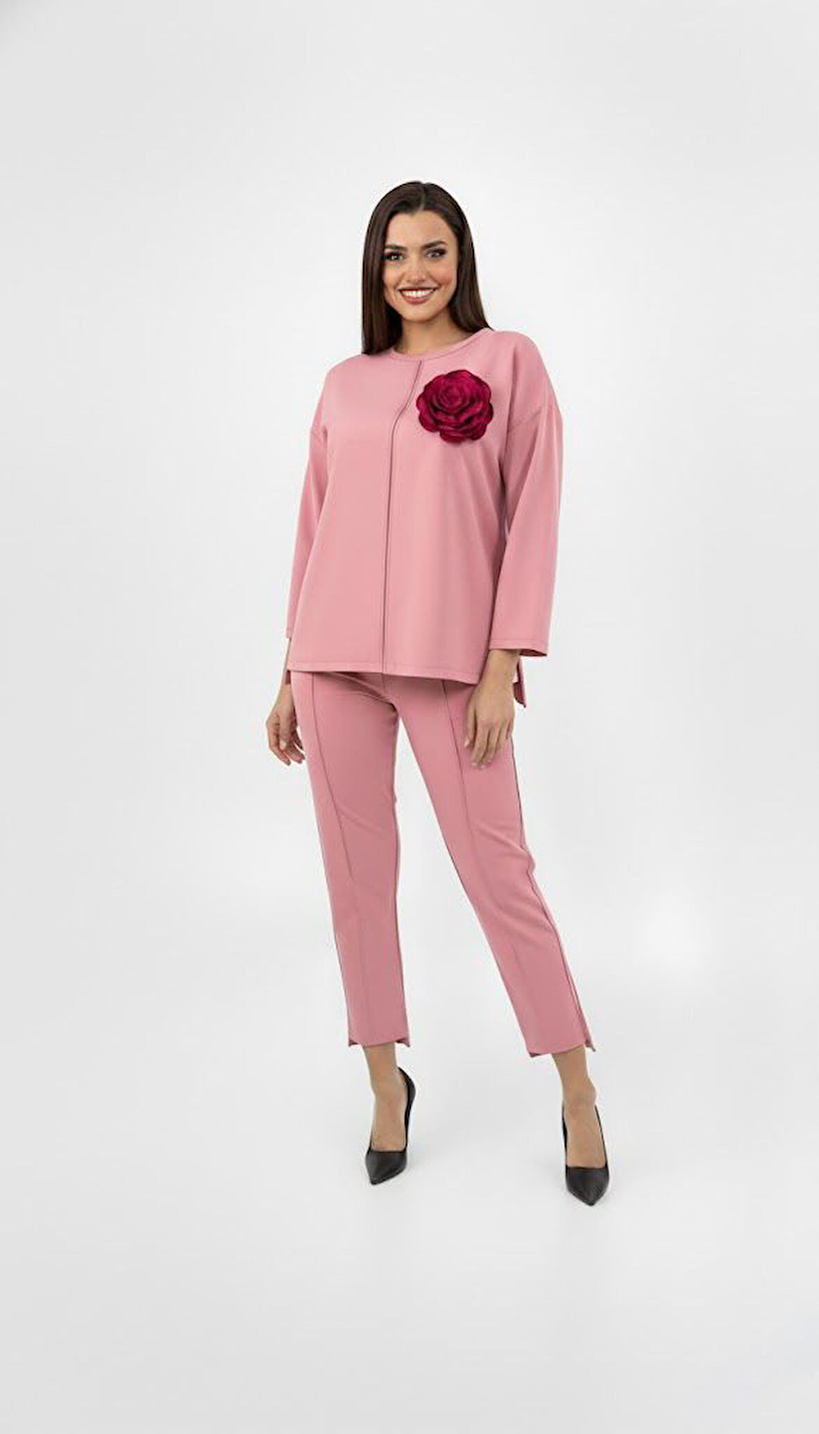 Kadın Büyük Beden Truvakar Kol Çiçek Detaylı İki İplik Eşofman Takımı 8224-26