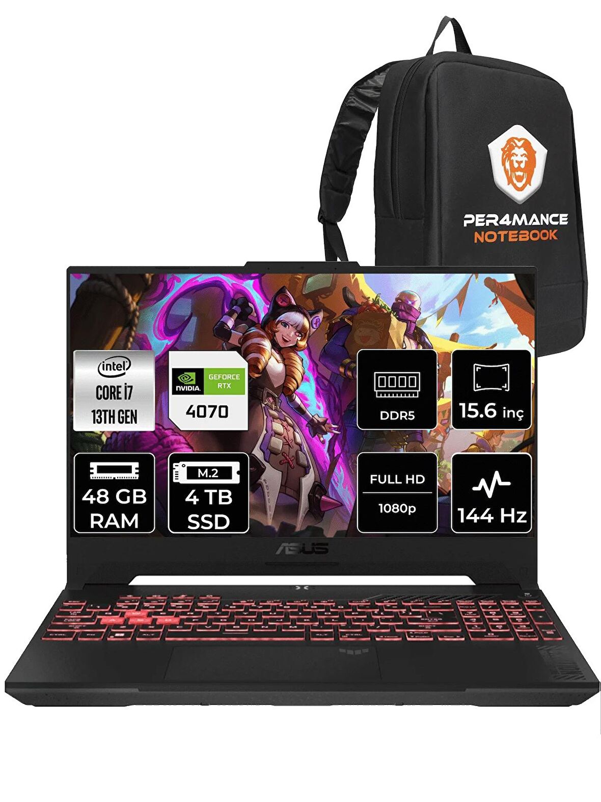 Asus TUF GAMİNG i7 13620H 48GB 4TB SSD RTX4070/12GB 144Hz 15.6'' FHD FDOS LP097 & PER4 ÇANTA