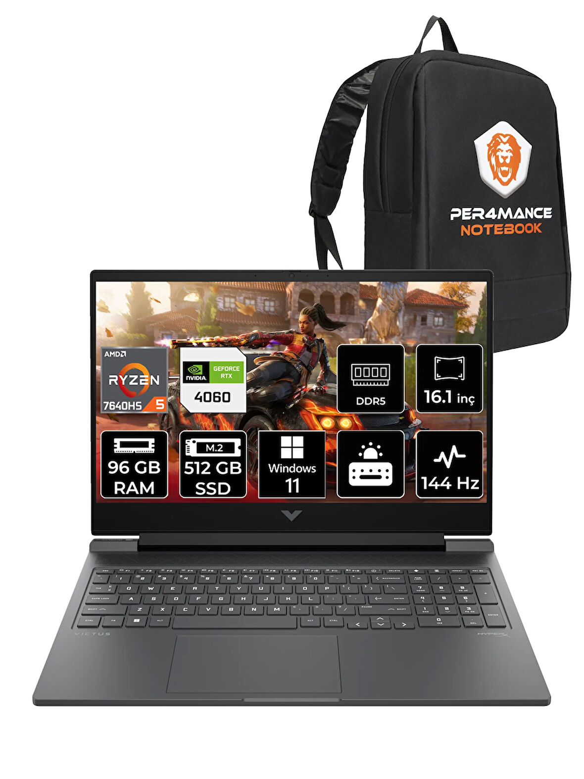 HP Victus 16 R5 7640HS 96GB RAM 512GB SSD RTX4060/8GB 144Hz 16.1'' FHD W11H Gaming Laptop & PER4 ÇANTA