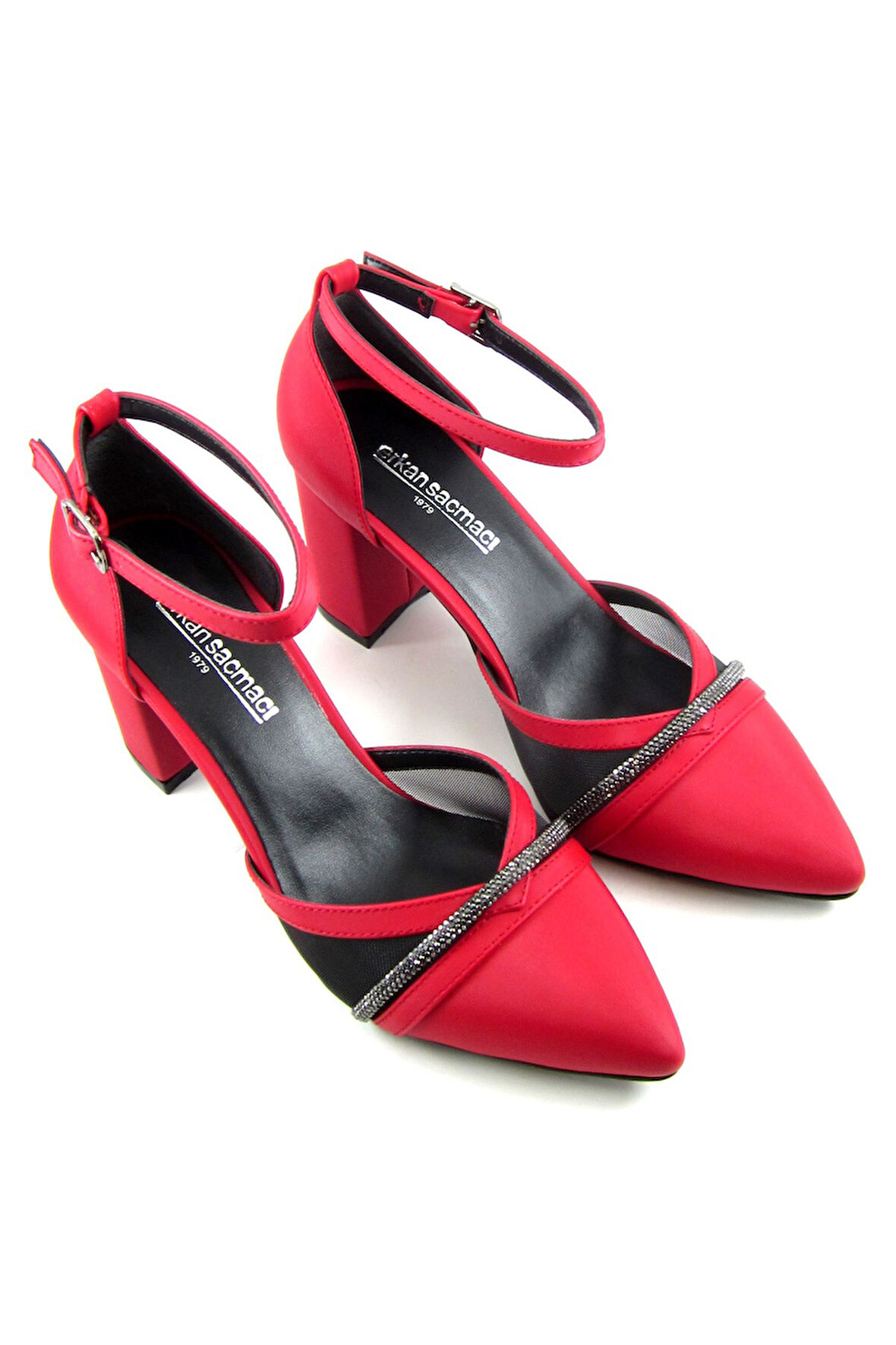 Molly Kırmızı Saten Taşlı Fileli Kalın Topuklu Ayakkabı 7 cm.