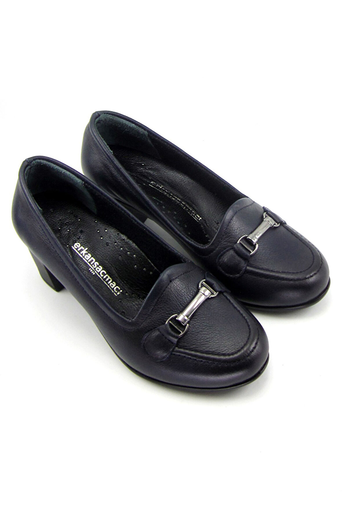 Elize Lacivert Hakiki Deri Topuklu Loafer Ayakkabı