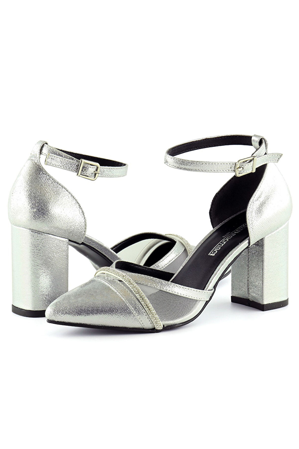 Molly Lame Taşlı Fileli Kalın Topuklu Ayakkabı 7 cm.