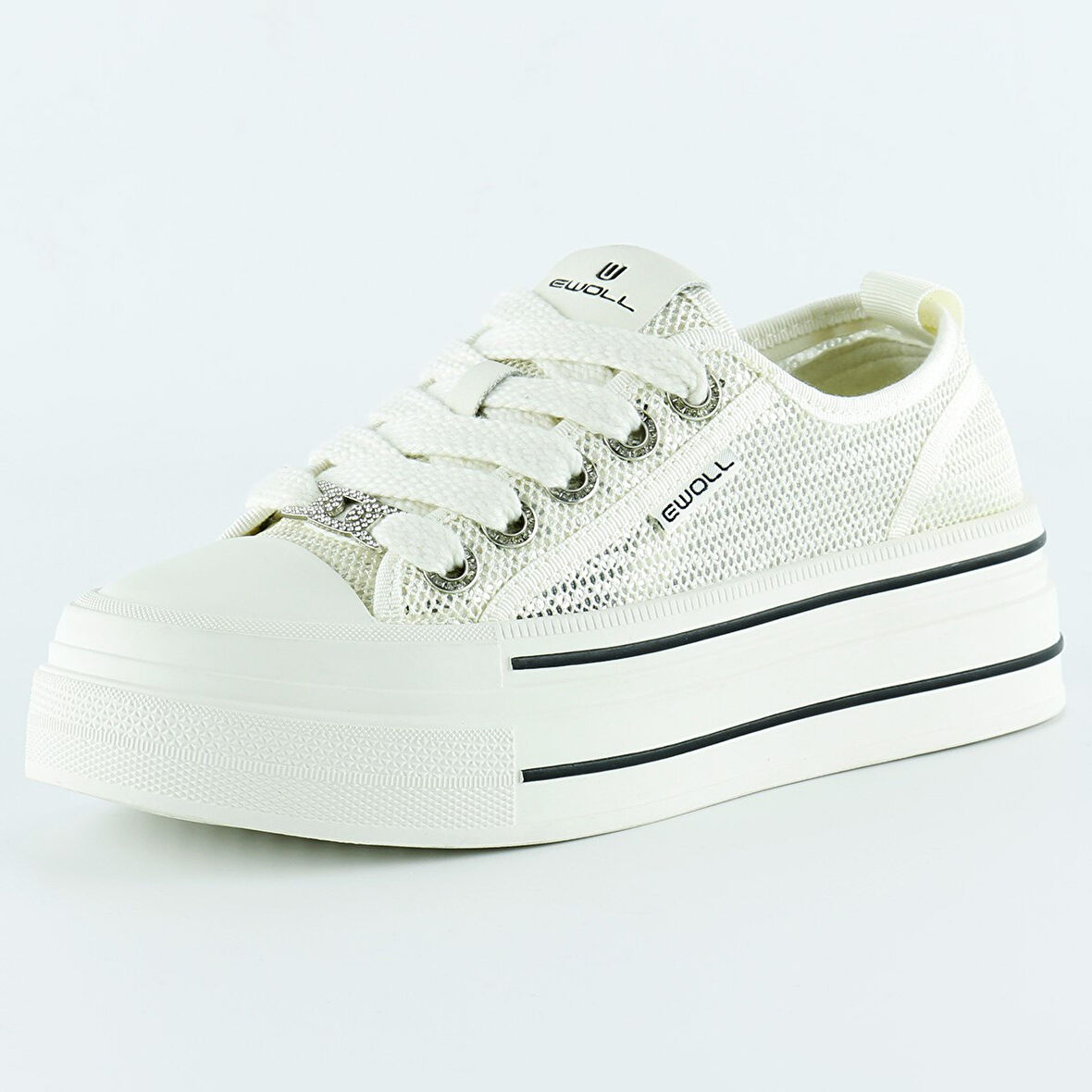 Beyaz Yüksek Taban Spor Fileli Taşlı Bağcıklı Platform Sneaker