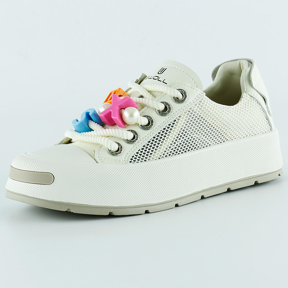 Bej Yüksek Taban Spor Fileli Harf Detaylı İncili Bağcıklı Platform Sneaker